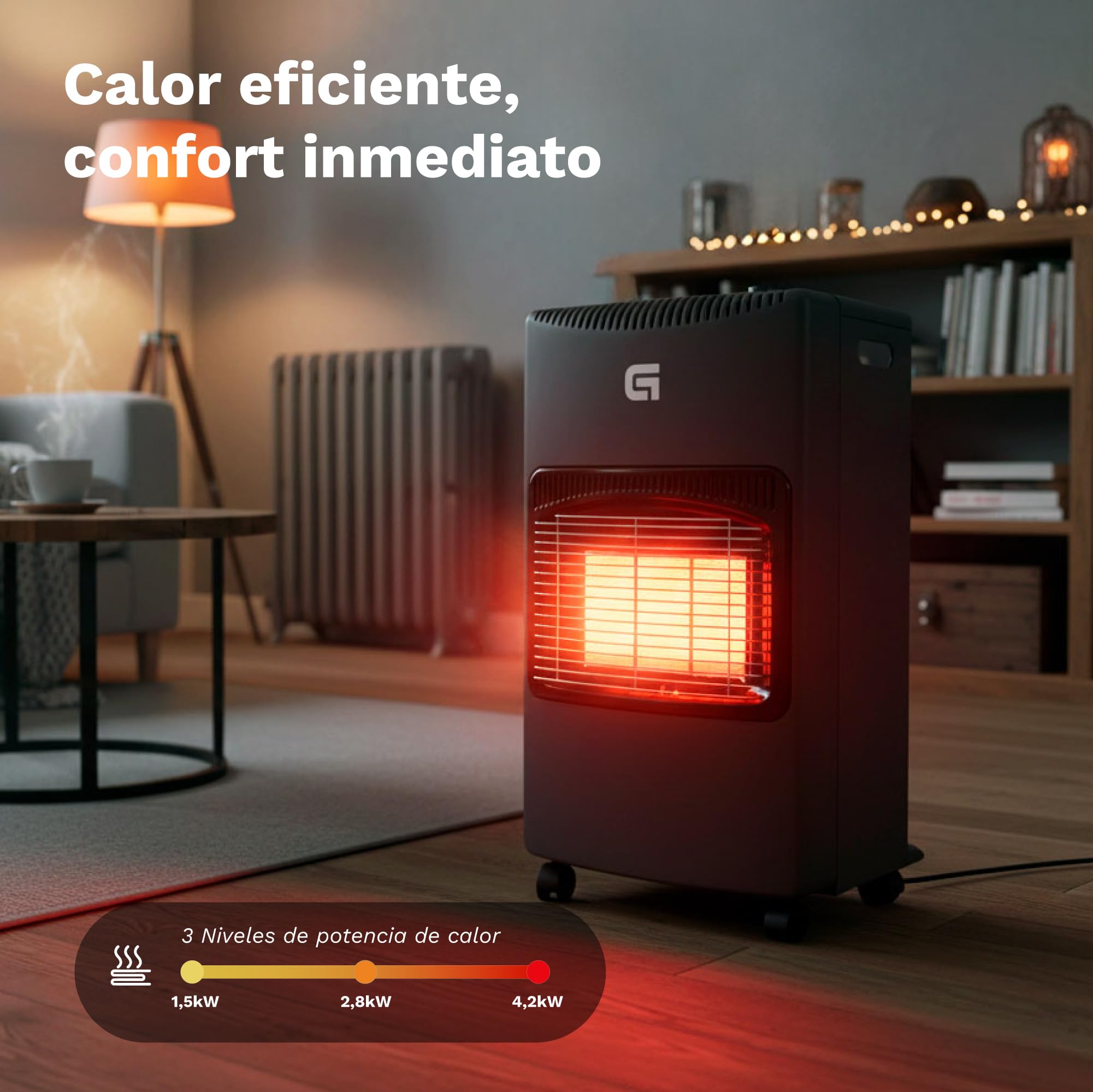 Estufa de gas butano plegable y portátil, Catalítica cerámica, 4200W, Sistema ignición piezoeléctrico, 3 niveles calor, cobertura 20-80m²- Apto bombonas 15kg (NO Regulador NO Tubo)