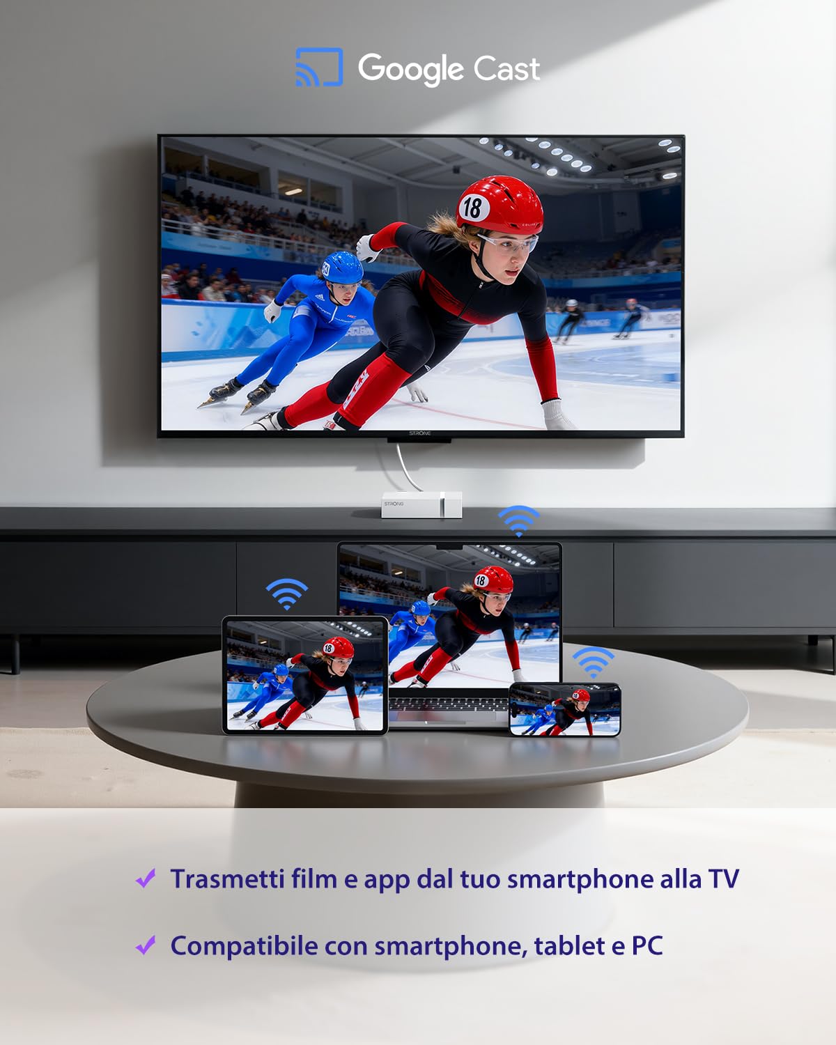 STRONG LEAP-S3+V2 Streaming Smart TV Box 4K UHD – 2GB RAM + 16GB Memoria, HDR10+ & Dolby Vision, WiFi 5 & BLE 5, Porta Ethernet (RJ45), Assistente Vocale, Bianco