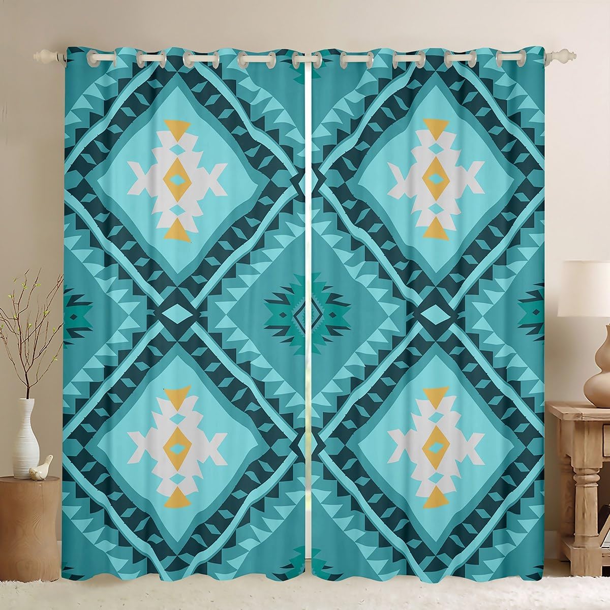 Erosebridal Western Boho Aztec Blackout Curtains for Bedroom Living Room Turquoise Rustic Farmhouse Window Curtains 2 Panels 42" Wx84 L Southwestern Drapes,Bohemian Geometric Window Treatments
