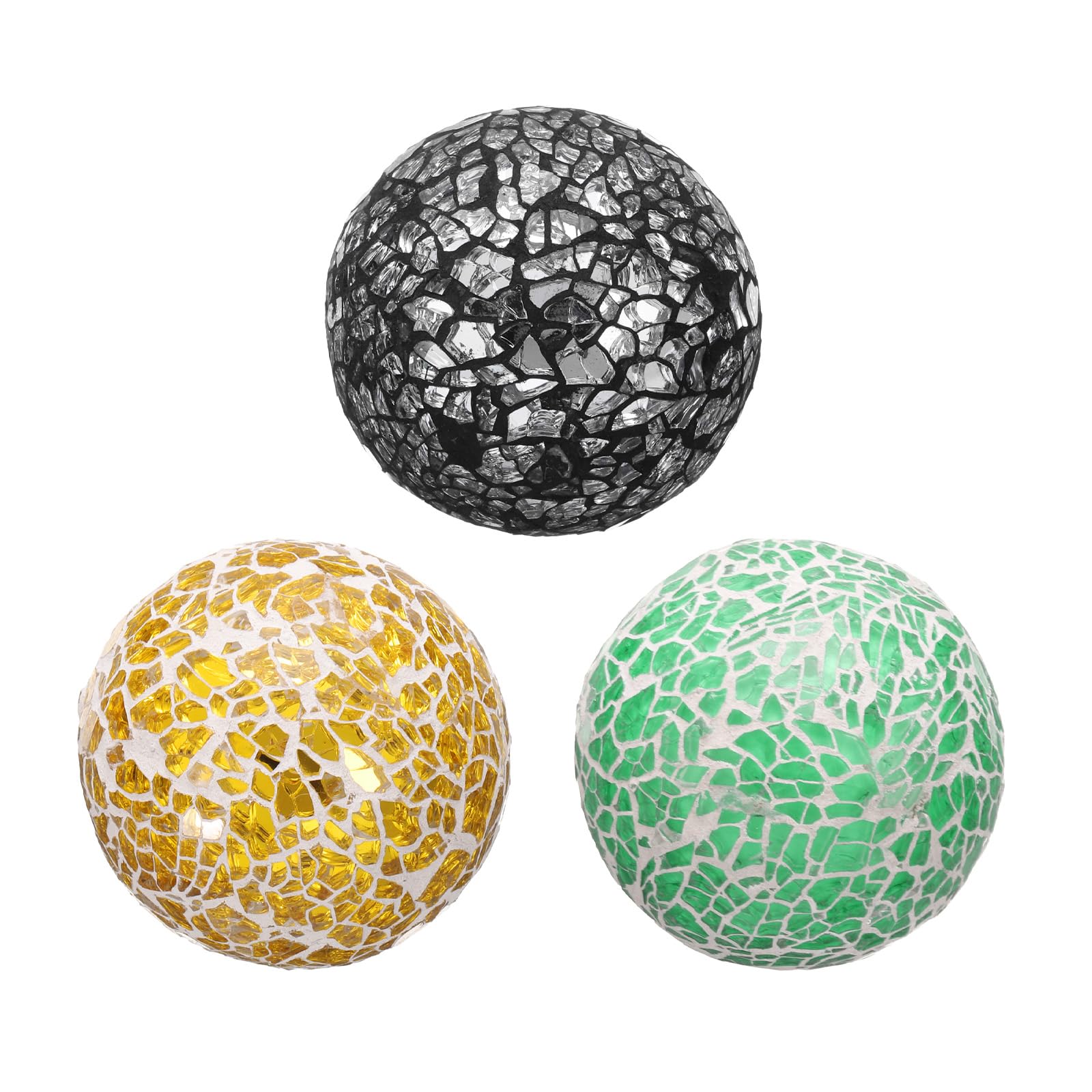 sourcing map 3Pcs Decorative Glass Balls 2.36 Inch Orbs Centerpiece Balls Mosaic Glass Ball Sphere for Decor Bowls Vases Dining Table Party, Silver Black, Gold Tone, Green