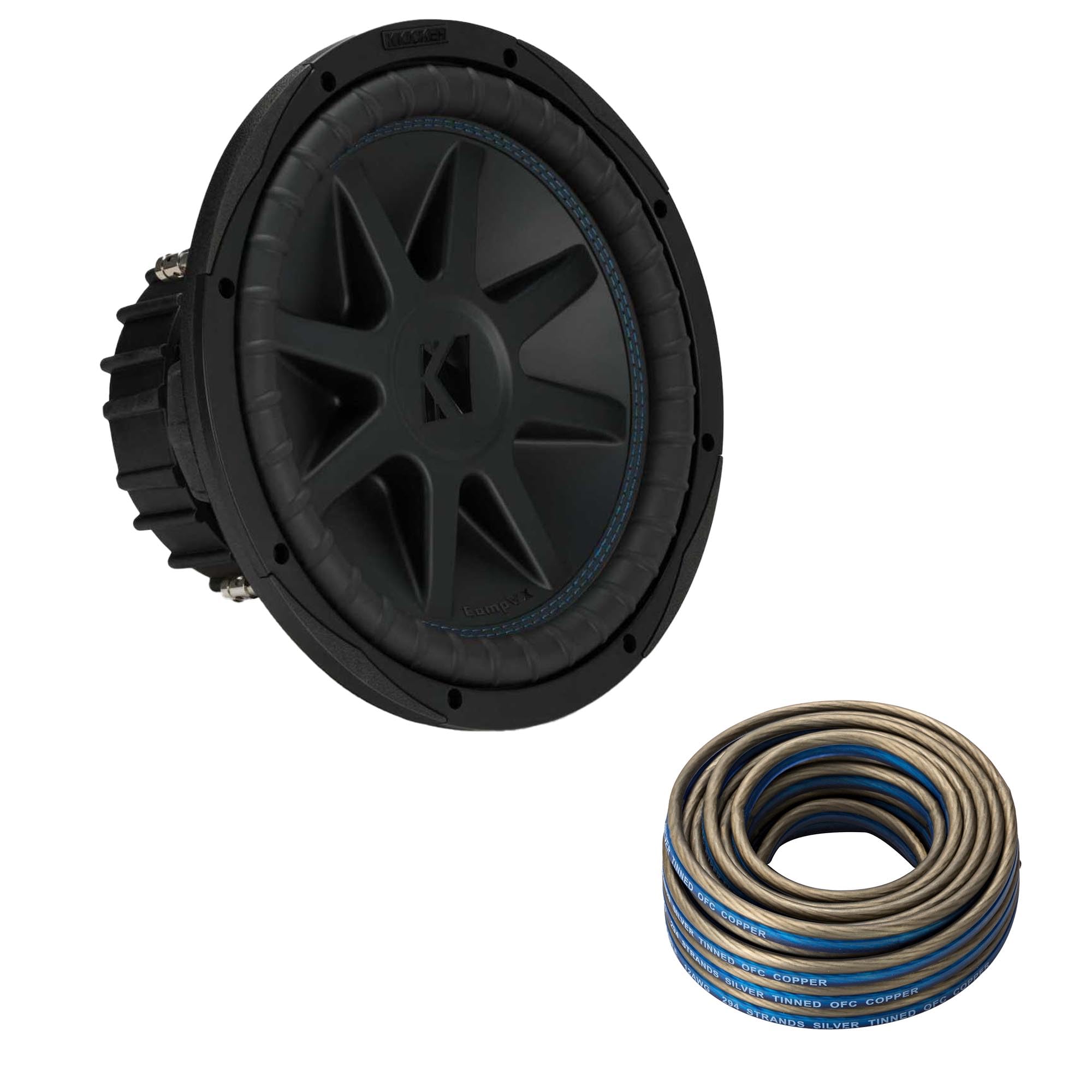 Kicker 50CVX124 CompVX 12-Inch Subwoofer, Dual 4-Ohm & 46QW1220 12AWG 20ft Speaker Wire