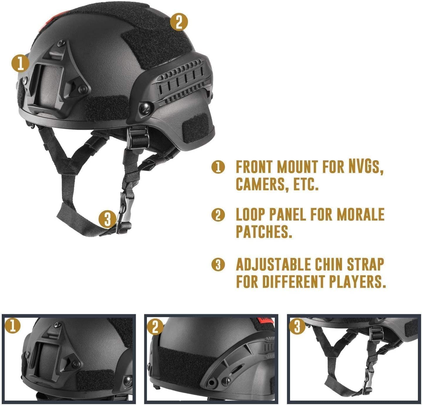 Casco per softair Mich 2000 ACH tattico con protezione dell'udito, supporto NVG anteriore e guida laterale per paintball, sport all'aria aperta, caccia, tiro