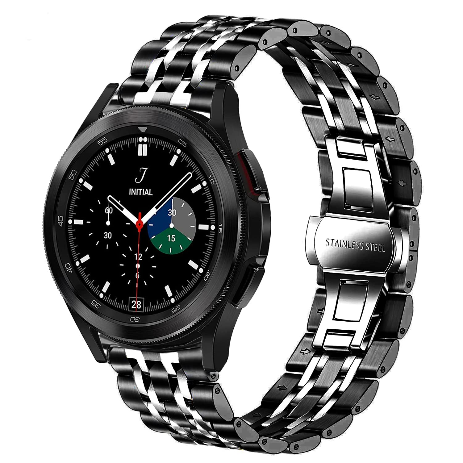 DEALELEBands Compatible with Galaxy Watch 7 / FE / 6/6 Classic / 5/5 Pro / 4/4 Classic / 3 41mm / Huawei GT3 42mm, 20mm Solid Stainless Steel Metal Replacement Strap for Women Men, Black-silver