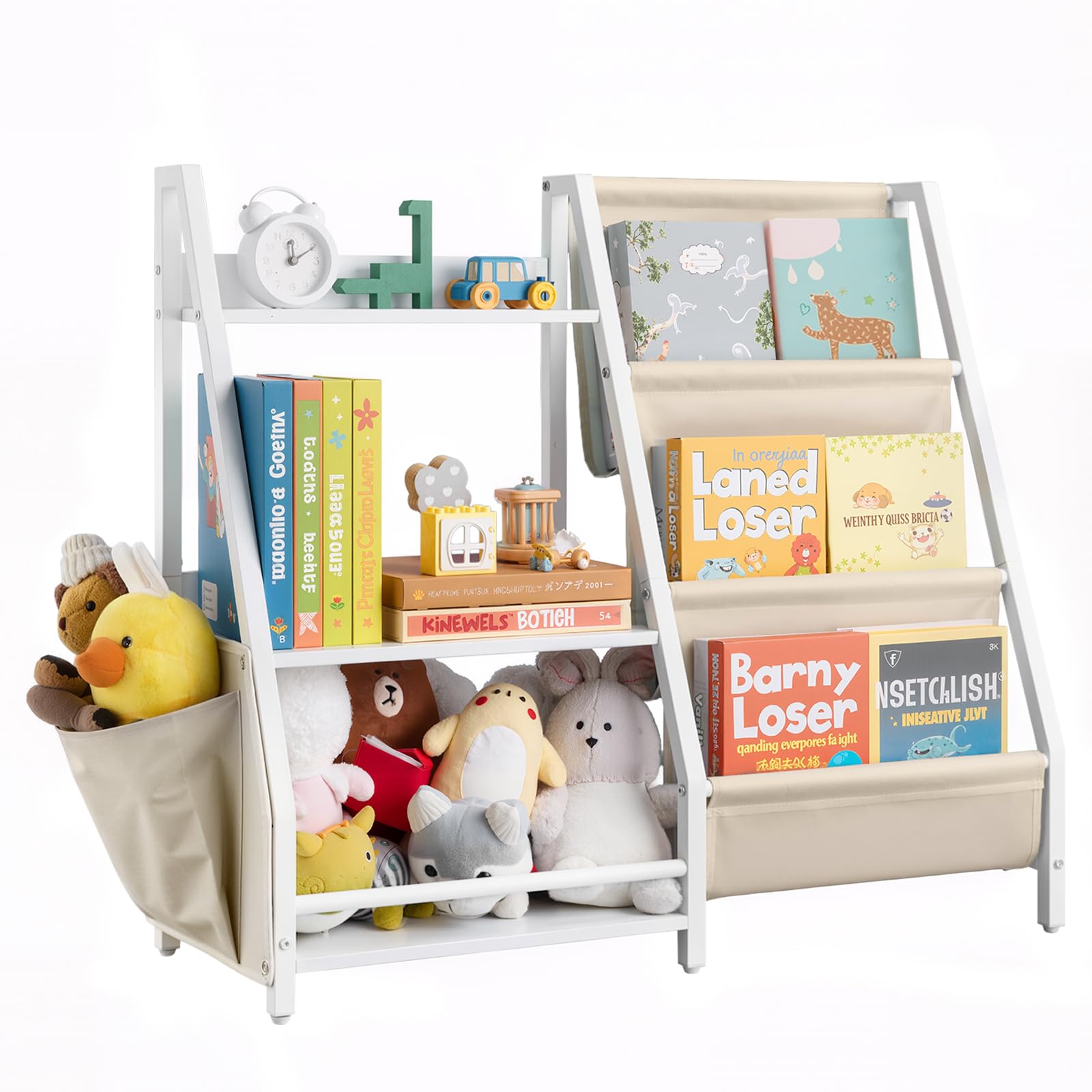 VEVOR Estantería Infantil de 3 Niveles, Estantería 850 x 300 x 755 mm con Soporte para Libros y Bolsa de Almacenamiento, Mueble para Niños para Dormitorio, Habitación Infantil y Salón, Blanco