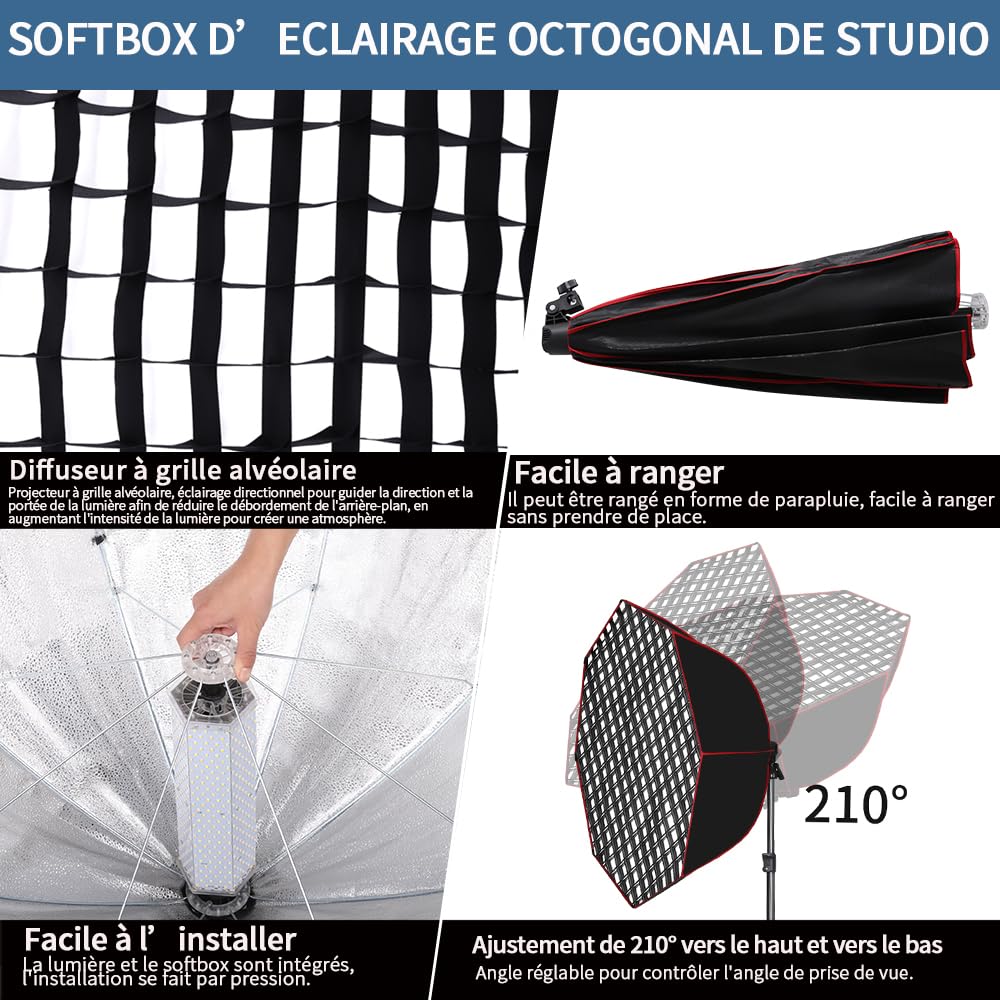 Kit de Softbox de iluminación parabólica octogonal 110 W, Softbox 95 cm con rejilla alveolar/mando a distancia, soporte para luz de estudio, grabación de vídeo, fotografía de retratos, en