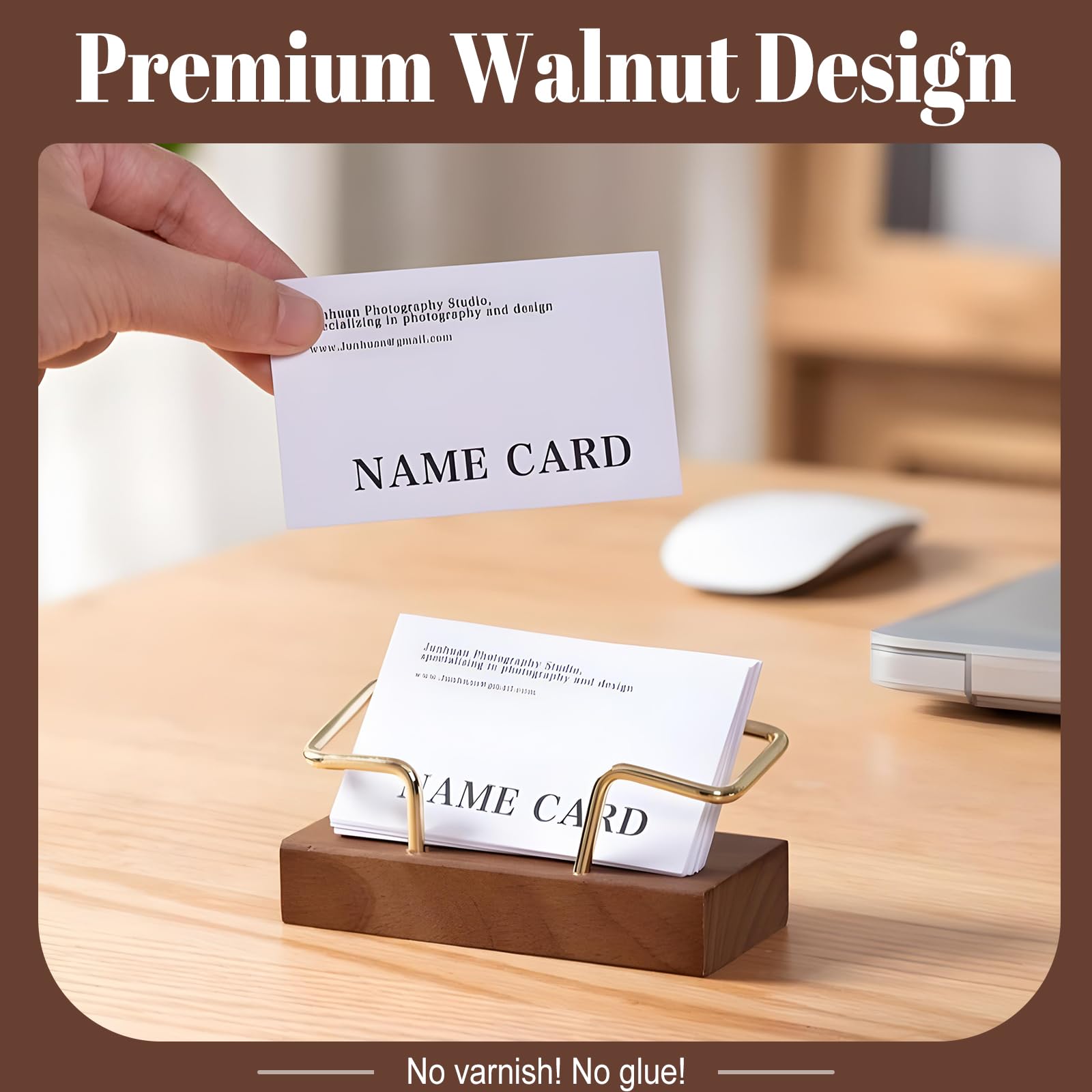 Lot de 2 porte-cartes de visite en bois de noyer et laiton pour bureau, magasin, stand d'exposition