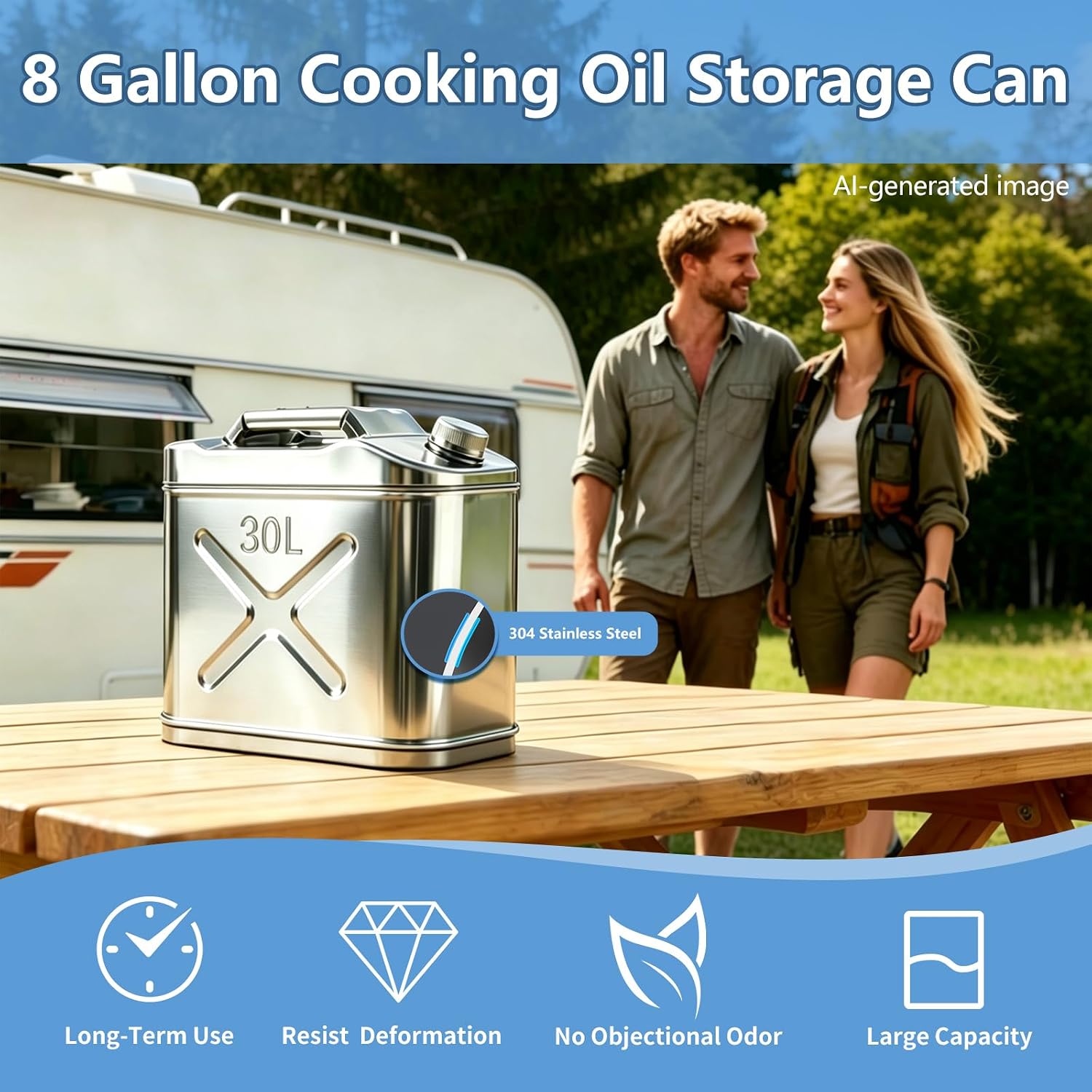 7.9 Gallon 304 Stainless Steel Portable Water Jug With 0.8mm Thick Wall | SS Water Storage Container Storing/Transporting Water For Emergency Readiness, Camping, Boating, RV cabinet And Outdoor Use.