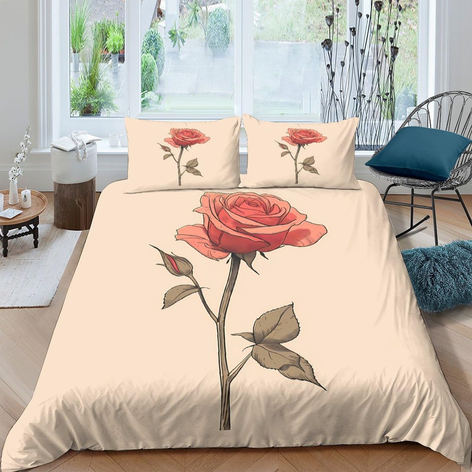 TUFRTGYHN 3D Printed Rose Flower Duvet Cover Set Microfiber Soft Breathable Vintage Botanical Quilt Cover with 2 Pillowcases for Bedroom Decor, Single（135x200cm）