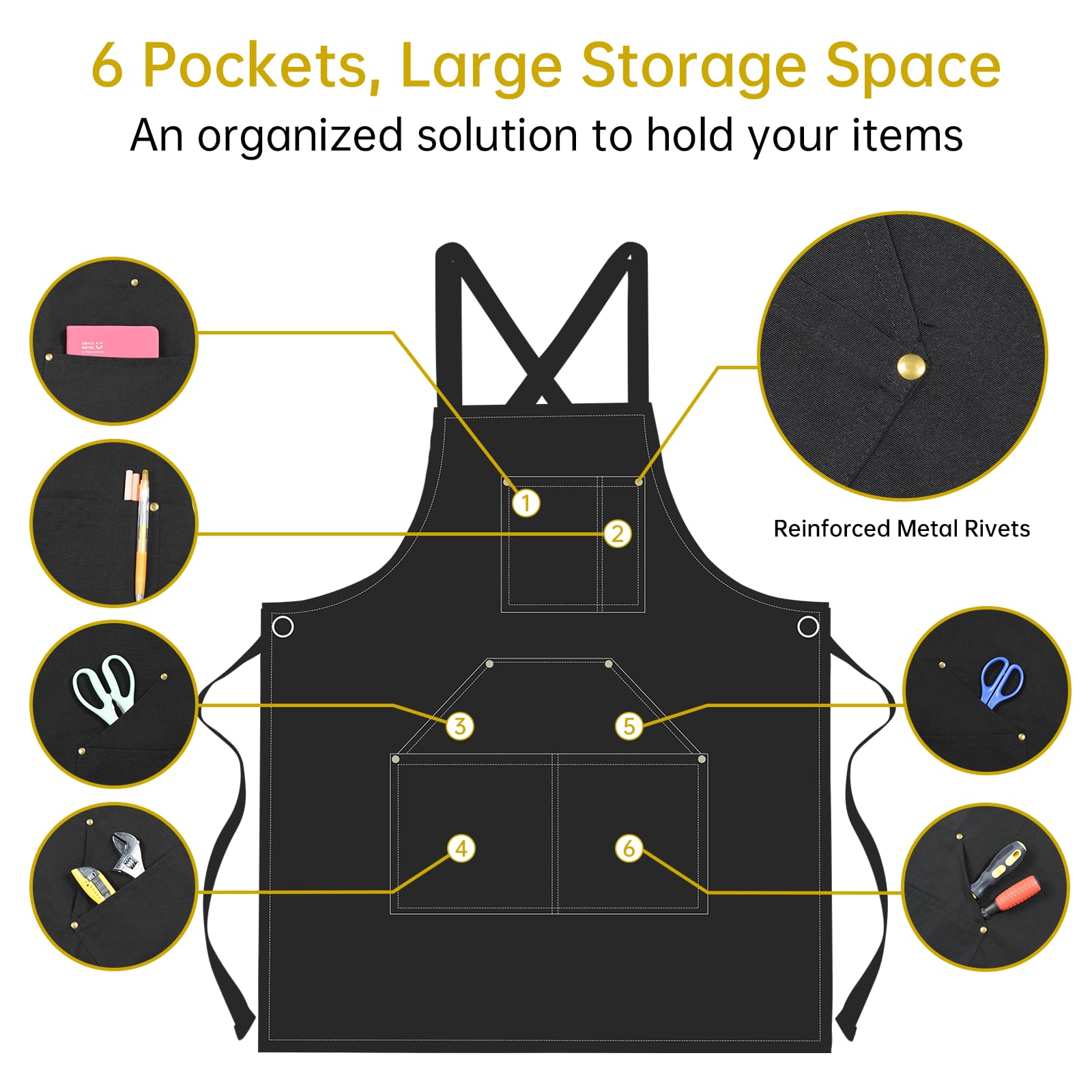 OTraki Chef Apron Cross Back Canvas Aprons with 6 Pockets for Men Women Cooking Grilling Baking Gardening Woodworking Black, Size M to XXL