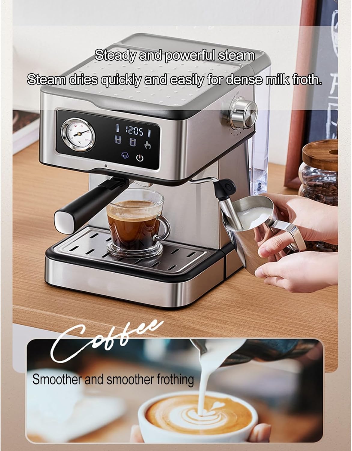 Professional Coffee Machine, Multifunctional Machine with Milk Foam Steam Wand, Small Stainless Steel Coffee Machine, Regular Home Coffee Machine, Semi-Automatic Espresso Machine