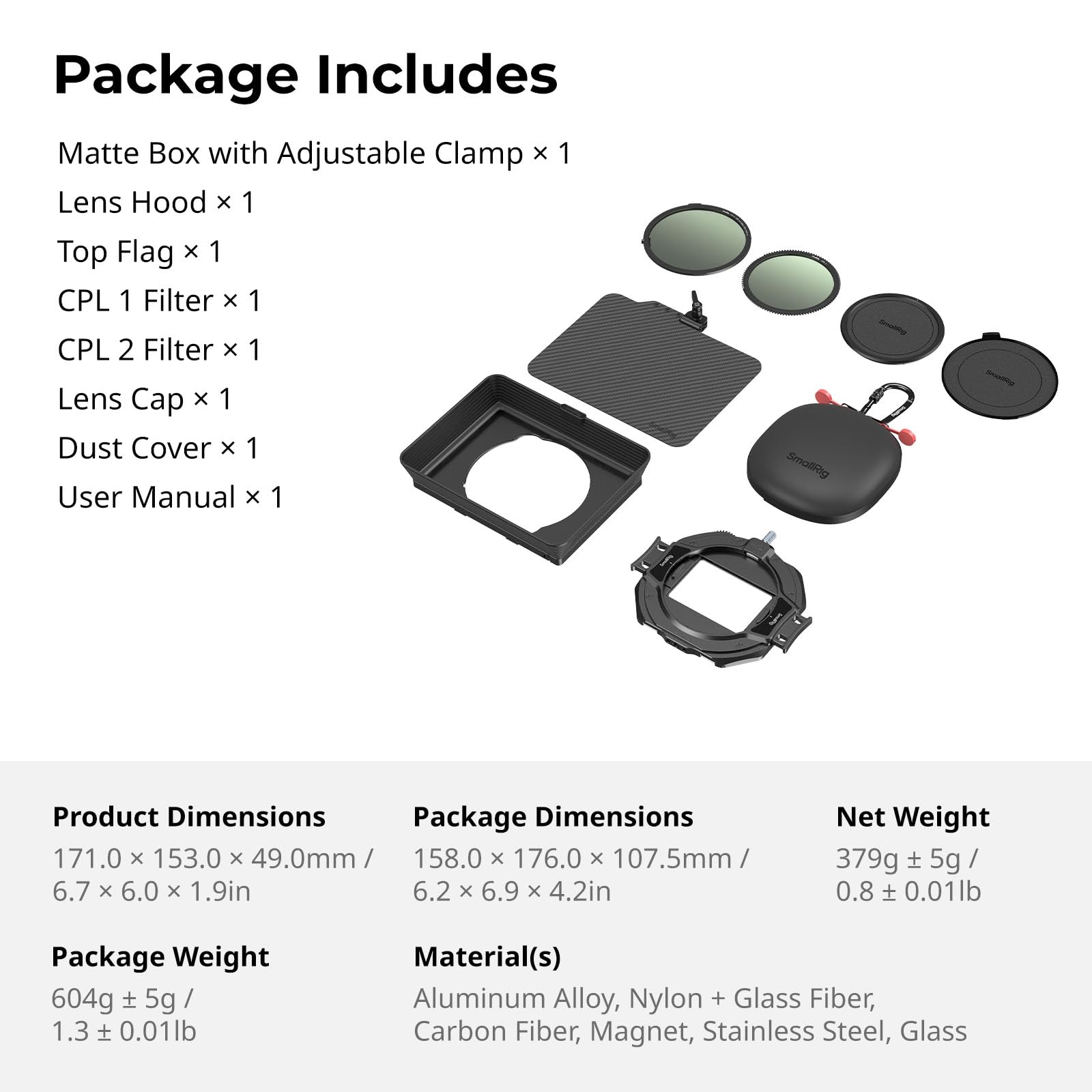 SMALLRIG Matte Box con Morsetto Regolabile da 67 mm a 82 mm, con Paraluce, Bandiera Superiore, Filtri CPL 1 e 2, per Fotocamere DSLR Mirrorless - 4411