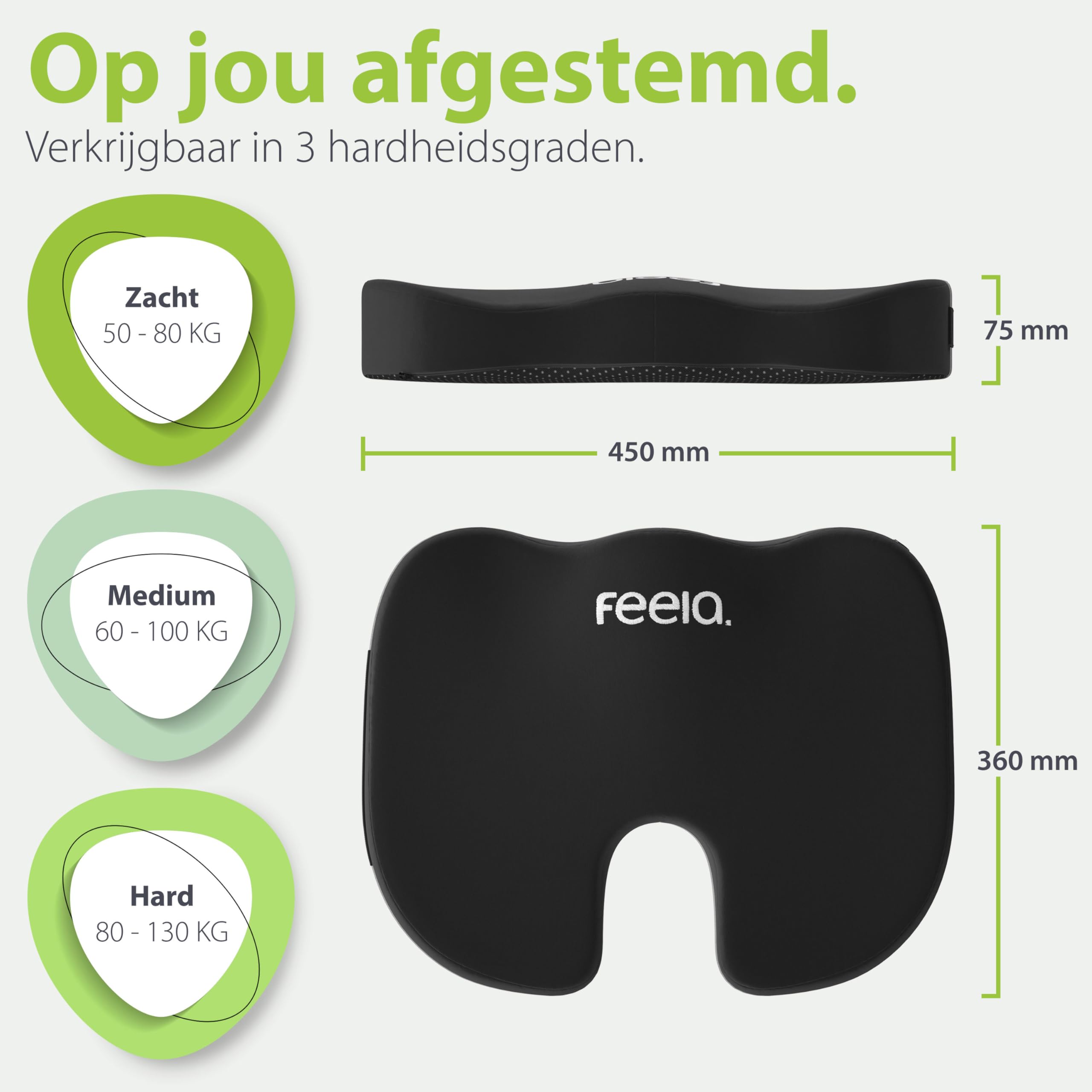feela.® Orthopedisch autostoelkussen, 3 hardheidsgraden, werkt pijnverminderend, verhoogt zitcomfort, bevordert de doorbloeding en ontlast het stuitbeen, zitkussen auto, zitverhoging auto (hard