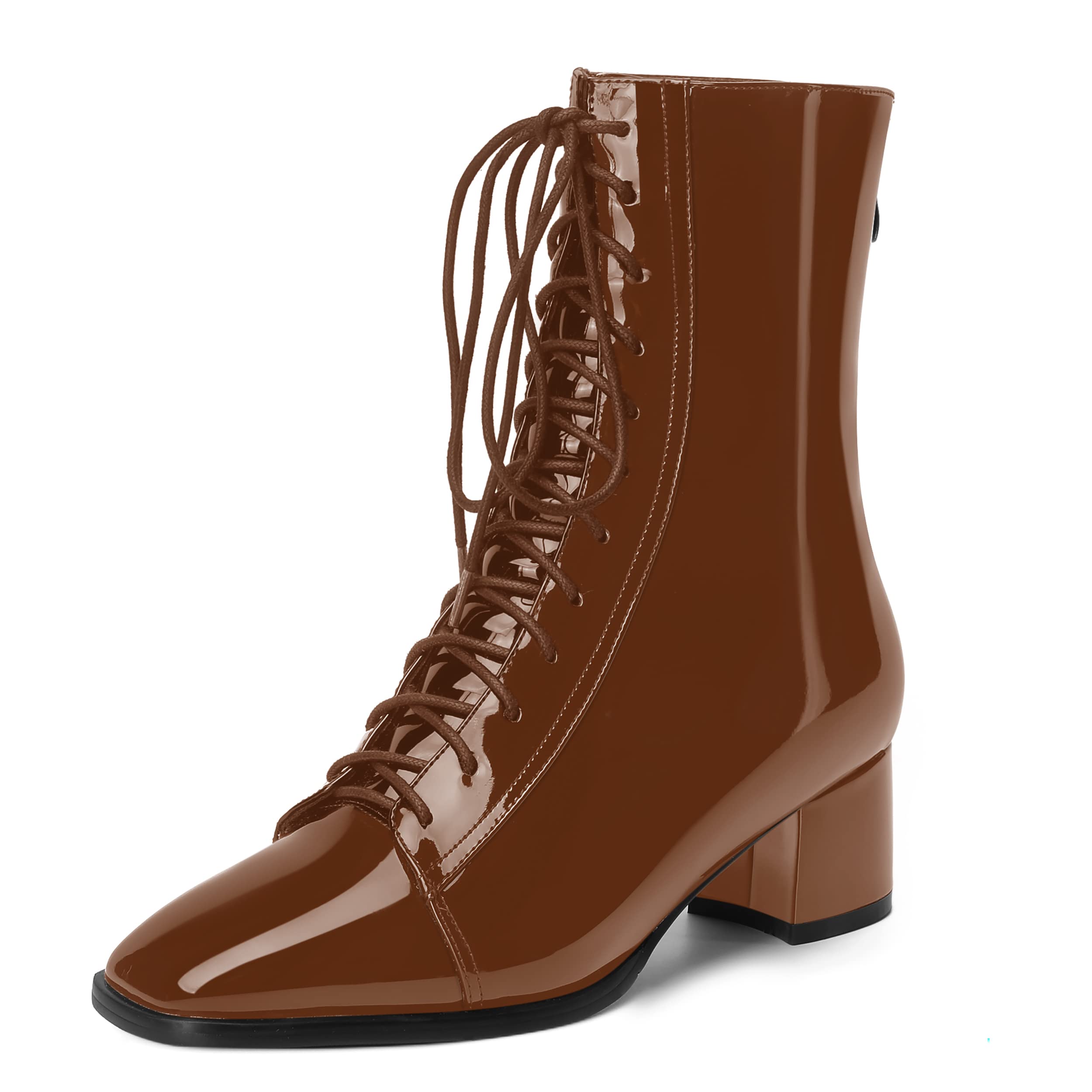 NUMALEO Womens Outdoor Solid Square Toe Self Tie Patent Fashion Chunky Low Heel Mid Calf Boots 2 Inch