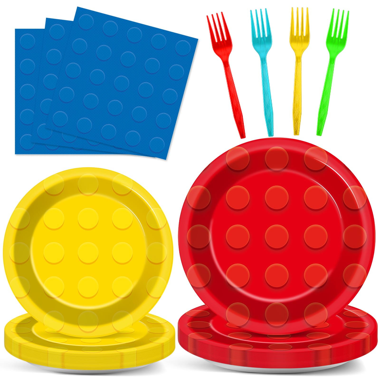 96Pcs Building Block Plates and Napkins Birthday Party Supplies Bricks Paper Dessert Plates Forks Building Block Tableware Set Disposable for 24 Guests Kids Boys Birthday Baby shower Party Decorations