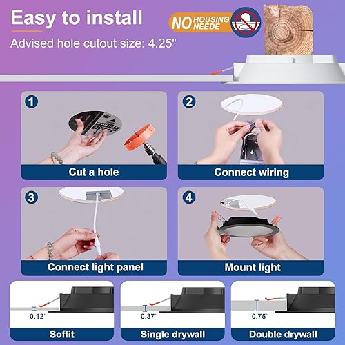 Miniatura 9 de Iluminación empotrable inteligente de 4 pulgadas que cambia de color LED de 12 W, luz de techo empotrada de 1000 lúmenes compatible con Alexa, RGB y