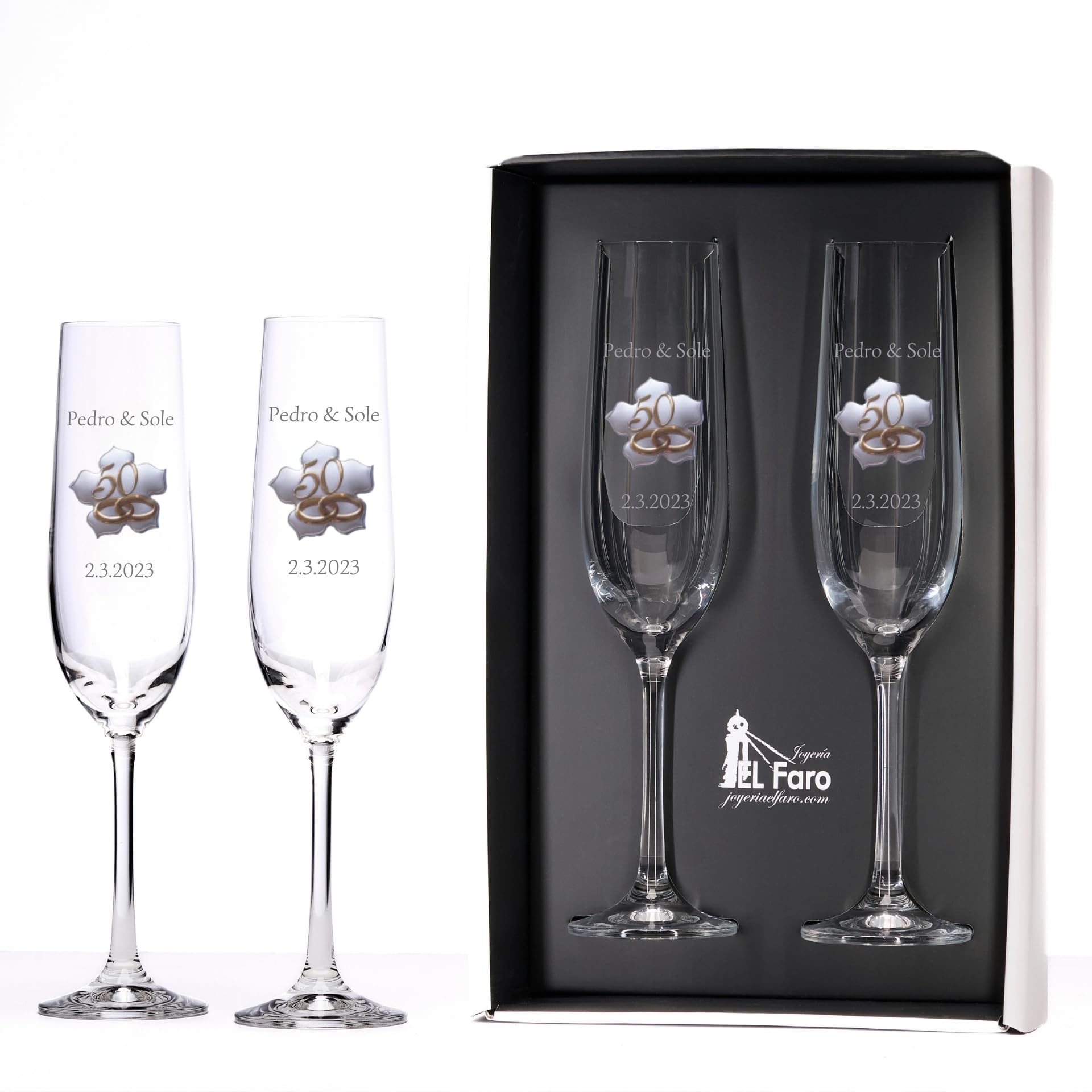 JOYERIA EL FARO | Copas 50 aniversario bodas de oro personalizadas con nombres | Cristal de Bohemia de alta resistencia | Estuche premium incluido | Celebra 50 años de amor juntos