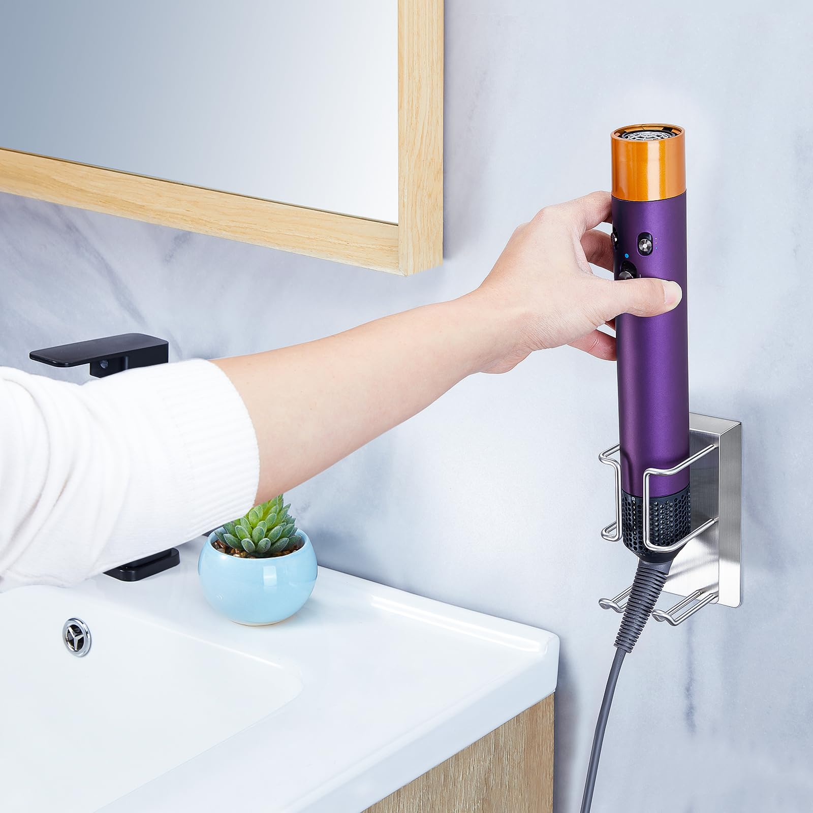 Support Sèche-Cheveux Mural Sans Perçage - Acier Inoxydable - Pour Salle De Bain - Adhésif 3M