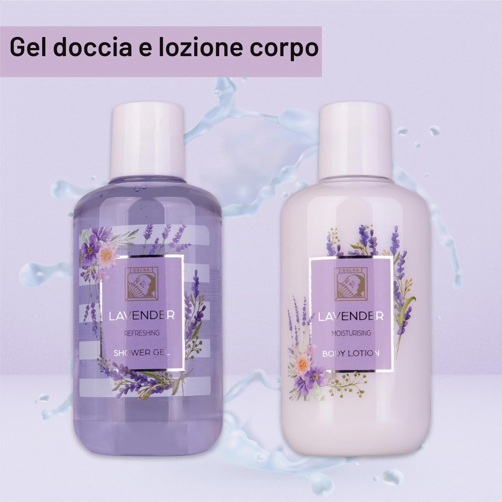 Accentra Set doccia da donna LaVENDEL in bella confezione regalo – Set di 4 pezzi con gel doccia, lozione per il corpo, burro per il corpo e spugna a rete – Set regalo per San Valentino e festa della