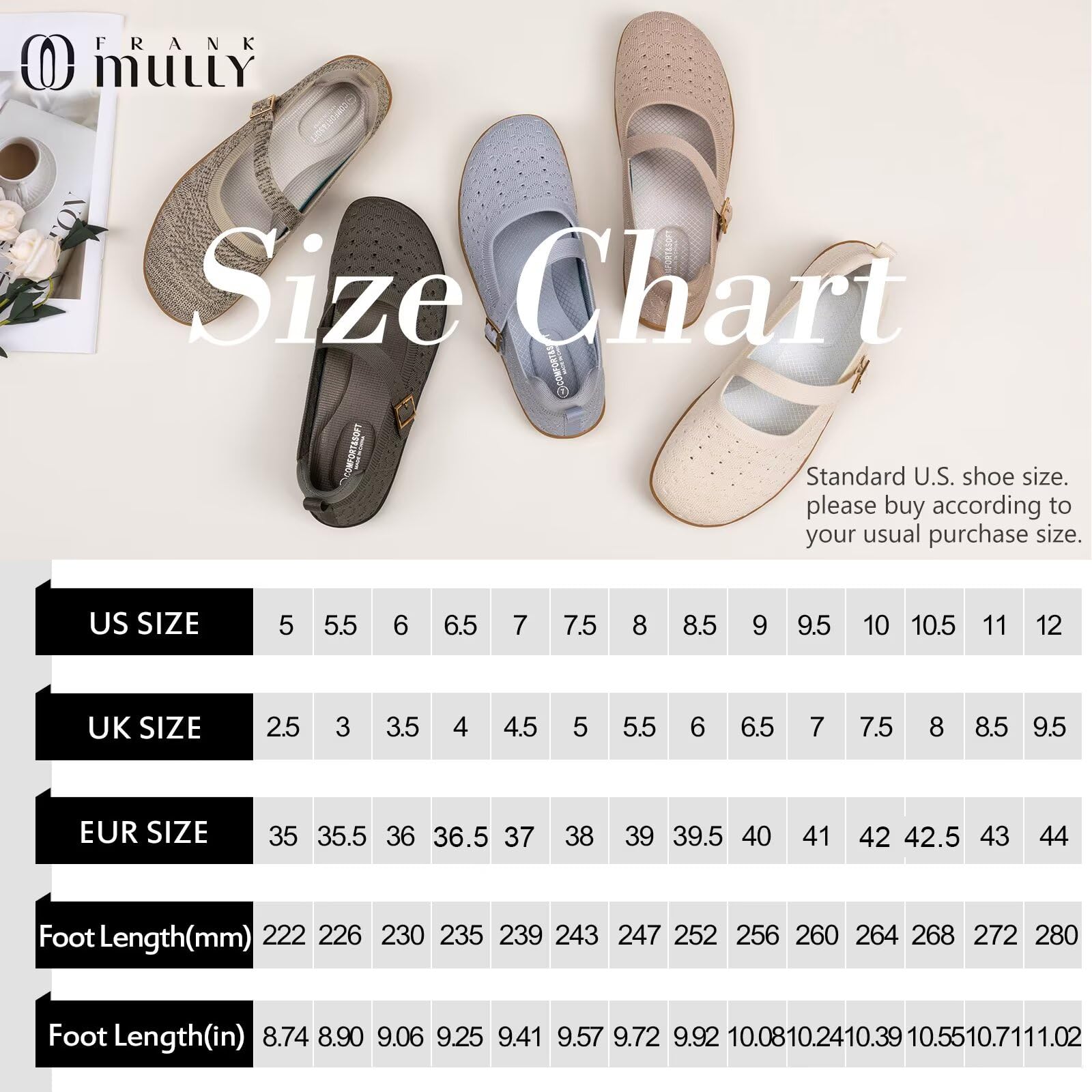 Frank Mully Damen-Ballerinas Übergröße Mary-Jane Strickschuhe breite Zehenbox verstellbare Riemen