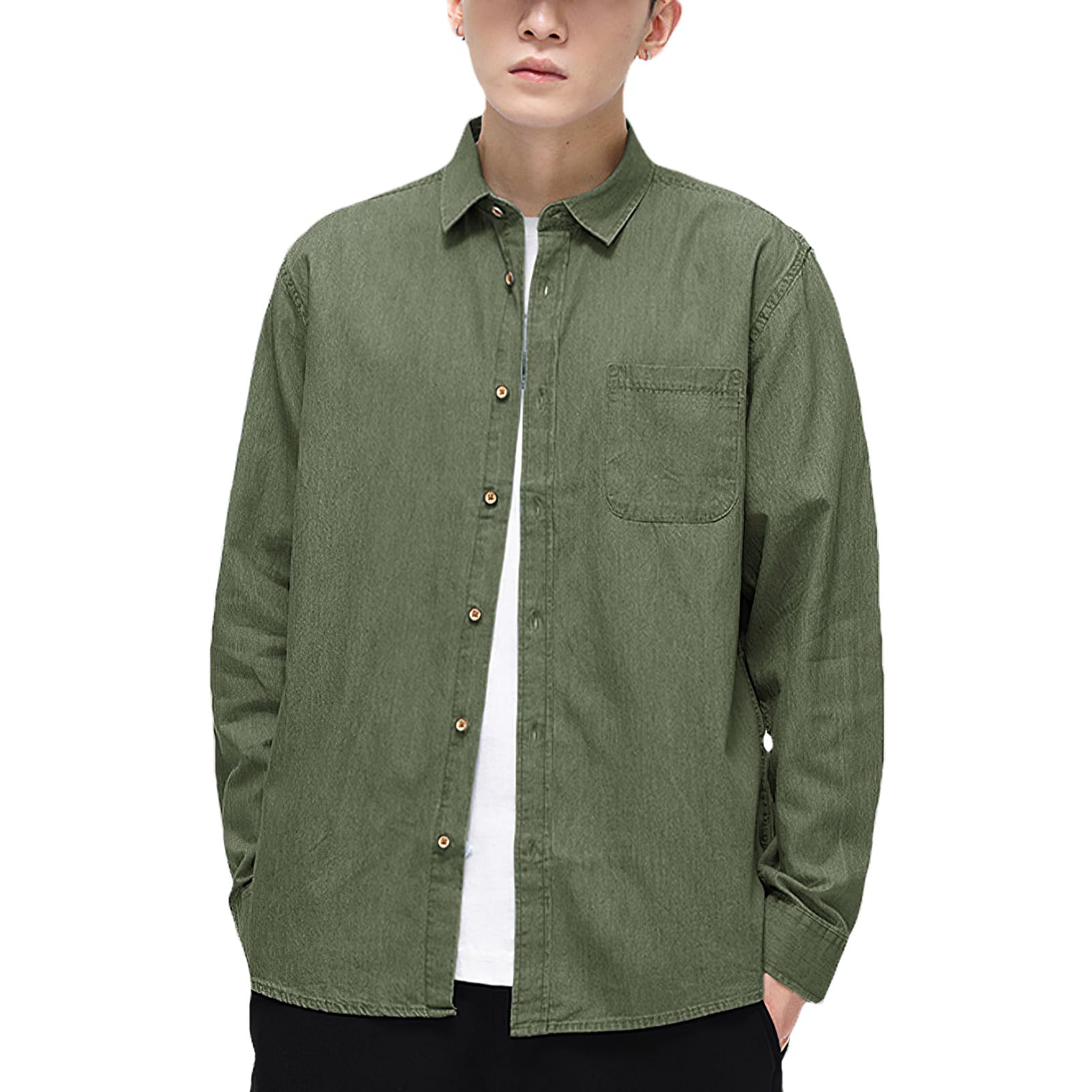 Hombre Algodón Camisa Vaquera de Manga Larga con Botones Informal
