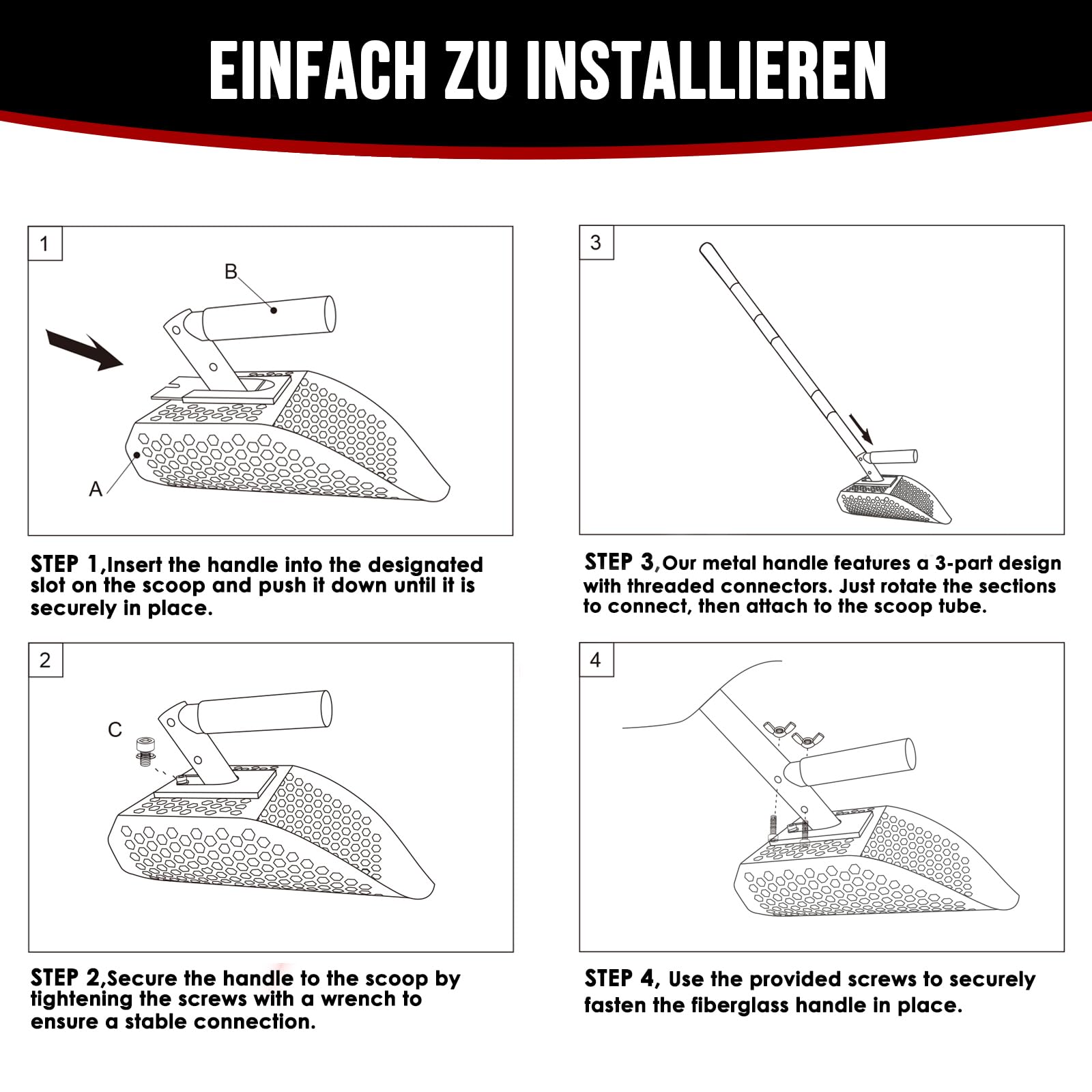 Sandschaufel für die Erkennung von Metallen, Edelstahl-Sandsieb-Schaufel mit langem Stahlgriff, Metalldetektor-Schaufel, Metalldetektor Zubehör (Schaufeln mit Edelstahlgriff)