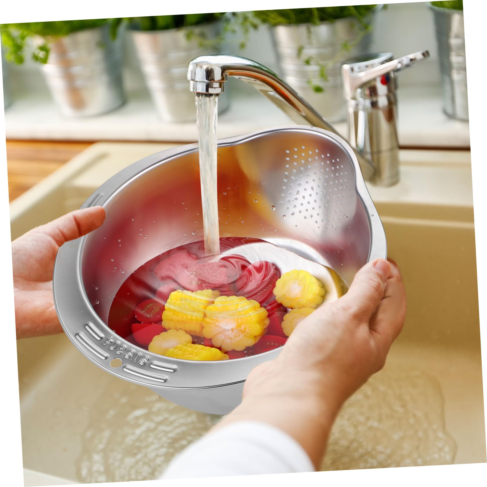 TEHAUX Cuenco de Acero Inoxidable para Lavar Arroz y Verduras Colador Multifuncional de Gran Capacidad Escurridor Resistente y Compacto para Cocina