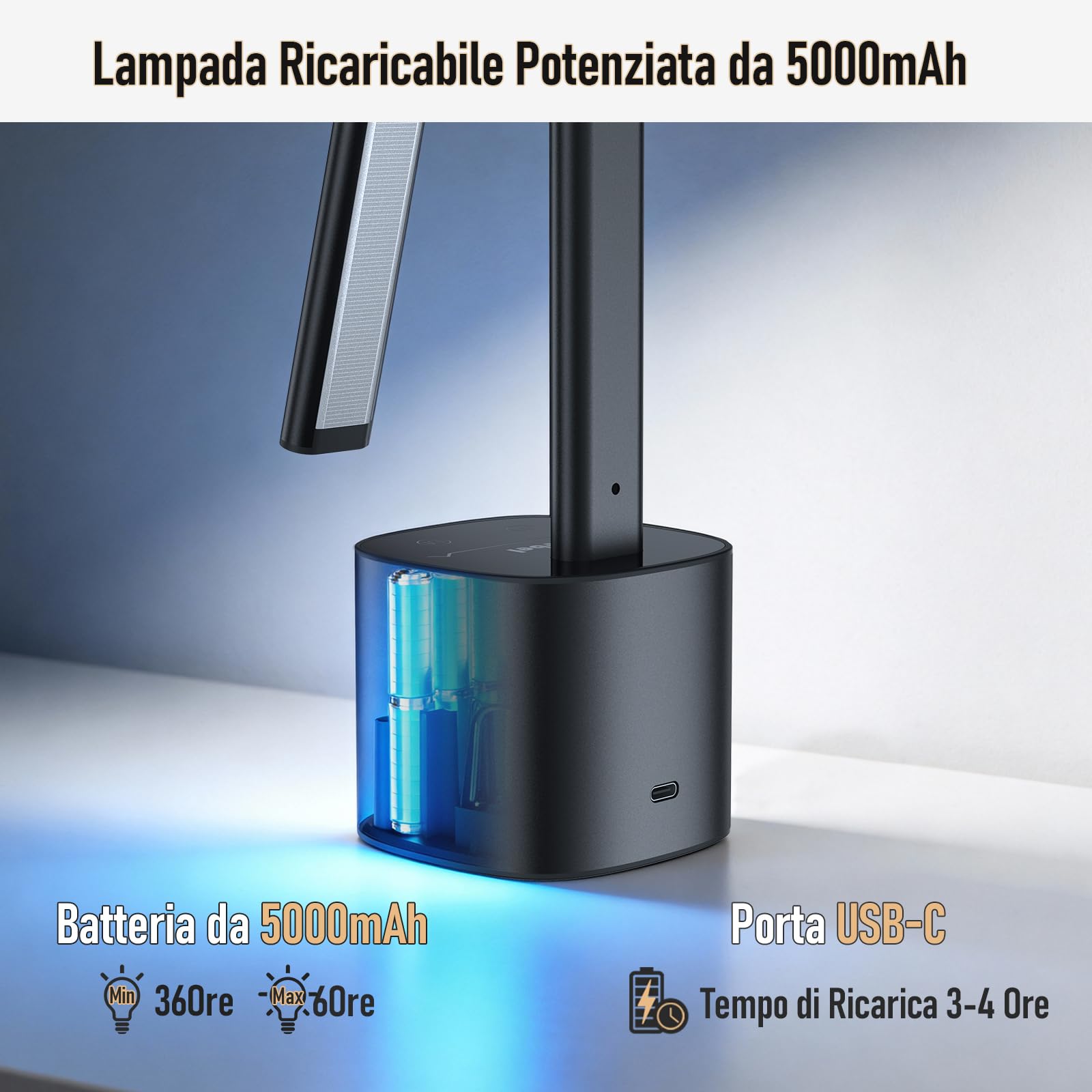 Jeebel Lampada Scrivania Wireless, 5000mAh Batteria LED Desk Lamp con Touch Dimmerazione Continua, 3 Temperature Colore, Angolo di Illuminazione Regolabile 180°, Portatile Luce Scrivania per Ufficio