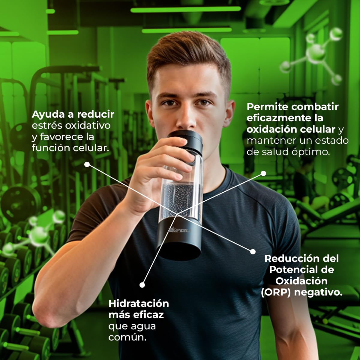Botella de Agua Hidrogenada – 1400 PPB de Hidrógeno Molecular – Tecnología SPE/PEM de Alta Pureza – Incluye Funda Protectora - Auto limpieza Membrana - 400 ml (Molecular Sport)