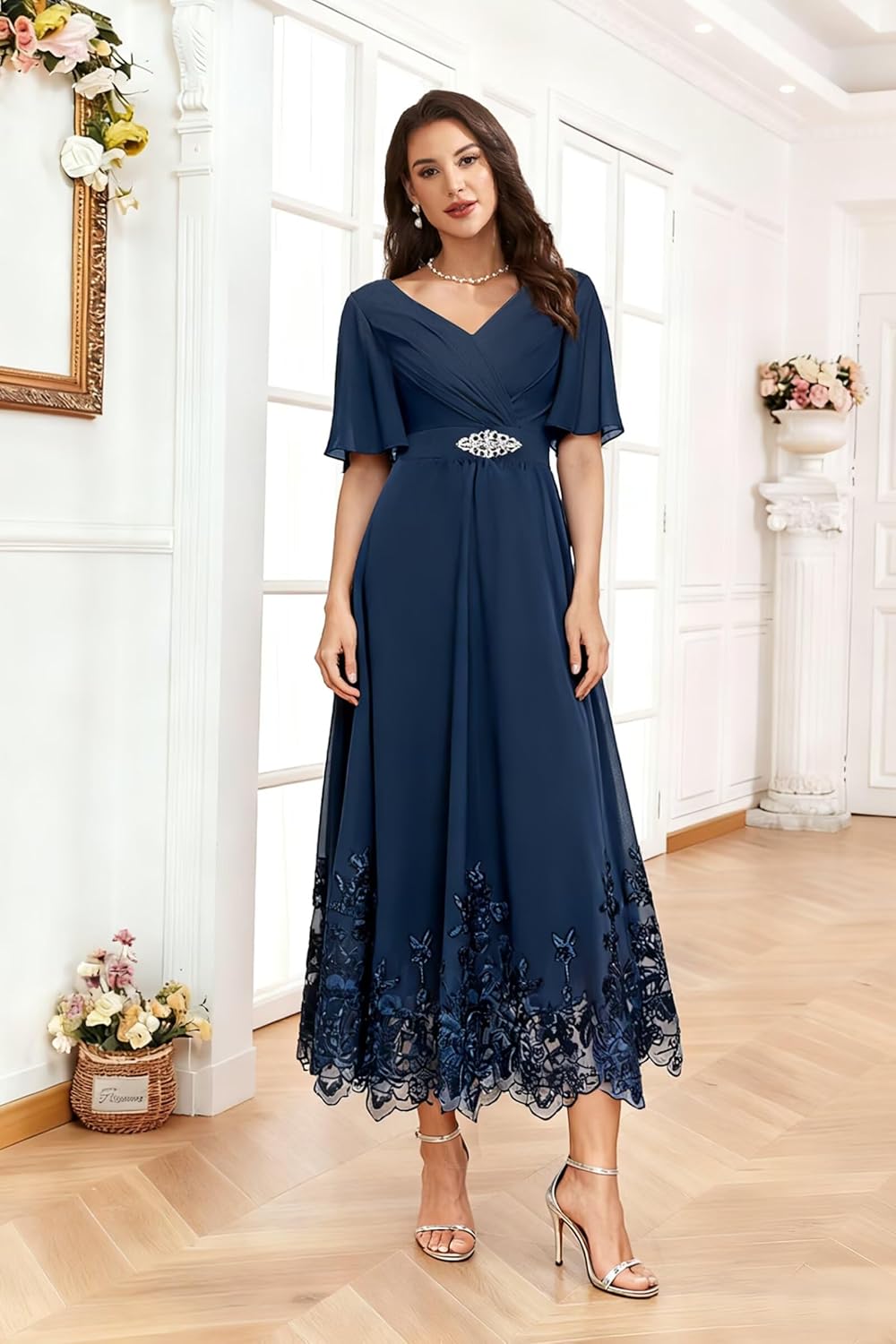 Women Tea Length Chiffon Mother of The Bride Dresses for Wedding V Neck Grandmother Groom Dress with 1/2 Sleeves - Image 5