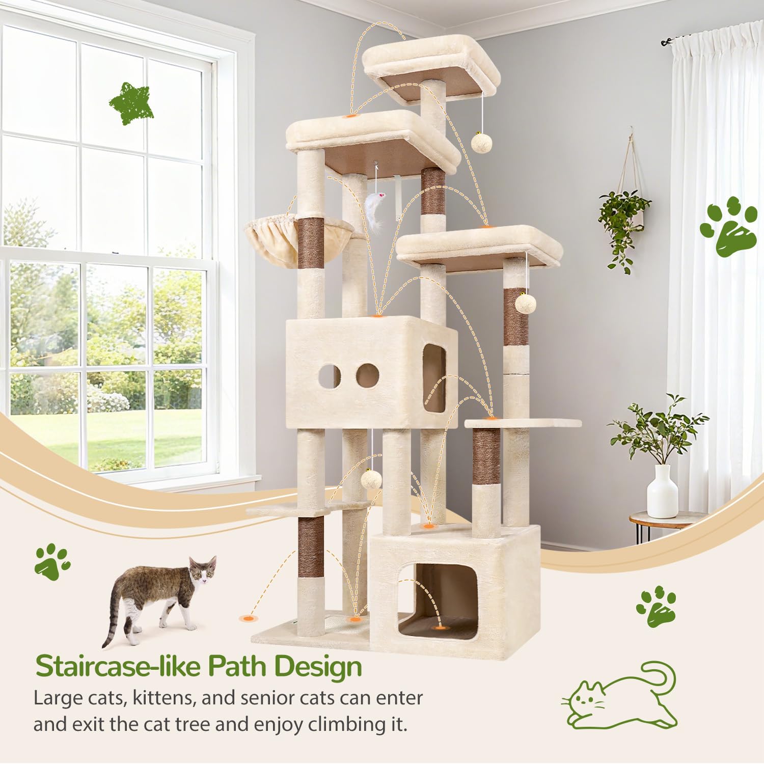 Globlazer Beige Arbre a Chat XXL pour Gros Chats 203 cm avec 2 Grande Niches 45*40*35cm, 2 Vaste Plate-Forme, Perchoir, Griffoir en Sisal, Panier, Arbres à Chat pour Grand Chats Adulte (F80E, Beige)