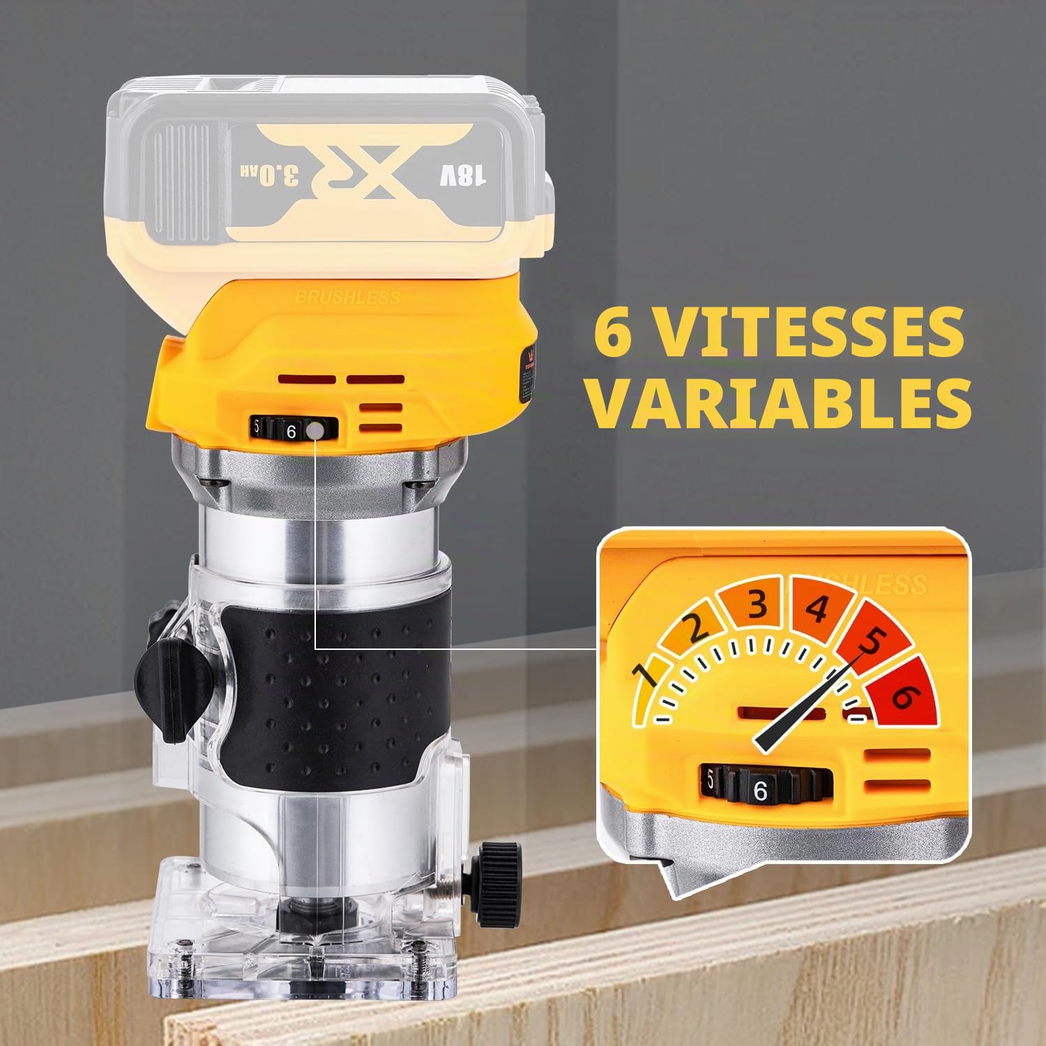 TOPWAY Défonceuse à bois portative sans fil 18 V – Compatible avec la batterie DeWa DCB184, vitesse variable, 3 pinces (1/4 po, 6 mm, 8 mm), base de coupe, sans batterie 102775
