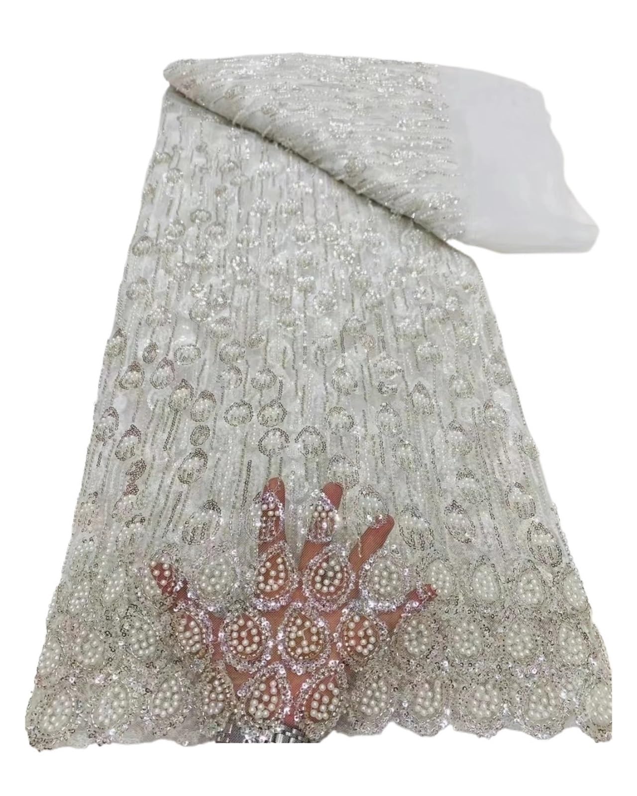 Tissu africain en dentelle maille perlée de 5 yards pour robe de mariée et tenue de soirée