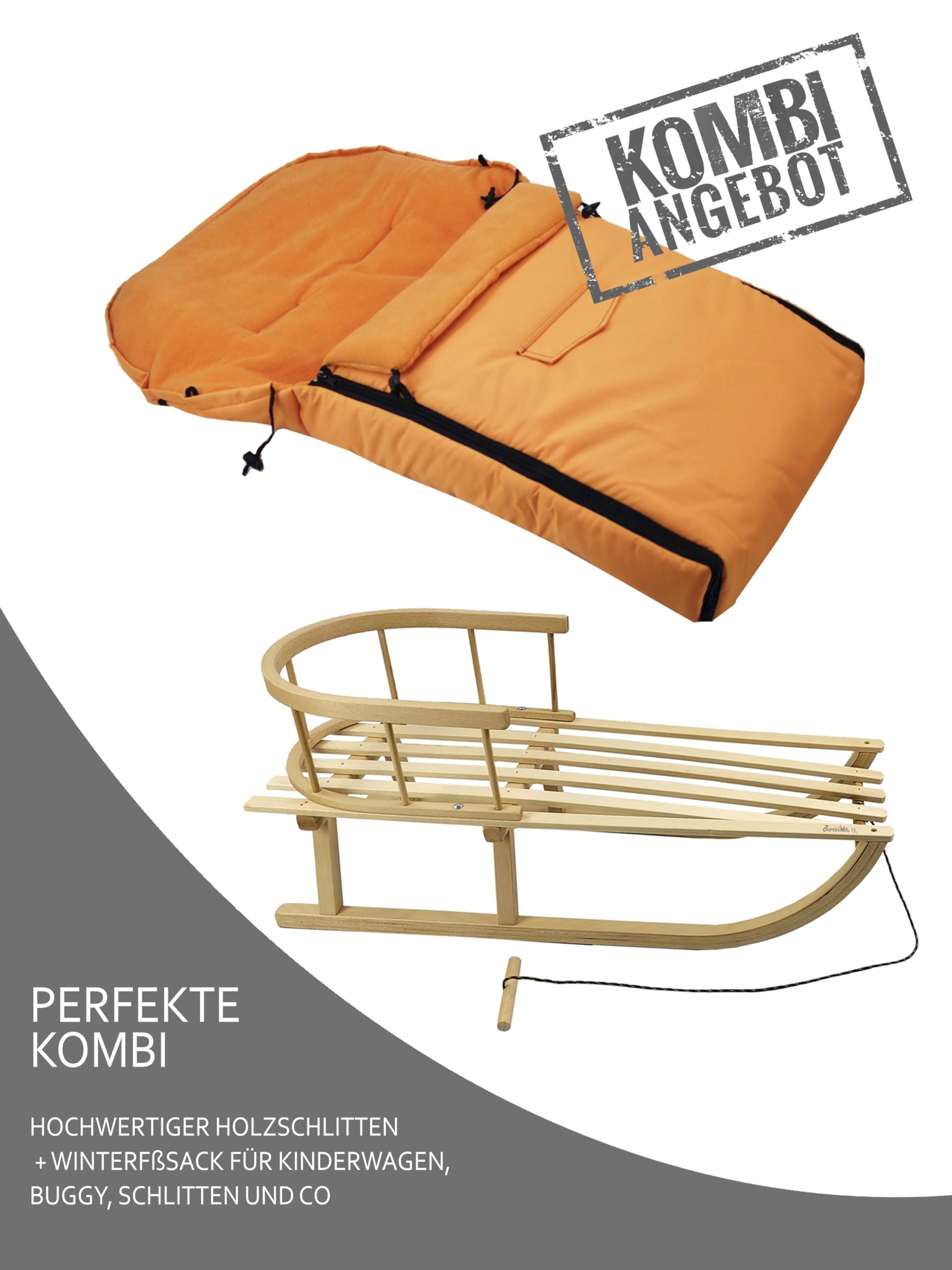 Offerta combinata [slitta in legno + sacco nanna invernale universale, 90 cm), slittino con schienale e corda di traino, adatto per ovetto, passeggino, passeggino con pile termico (arancione)