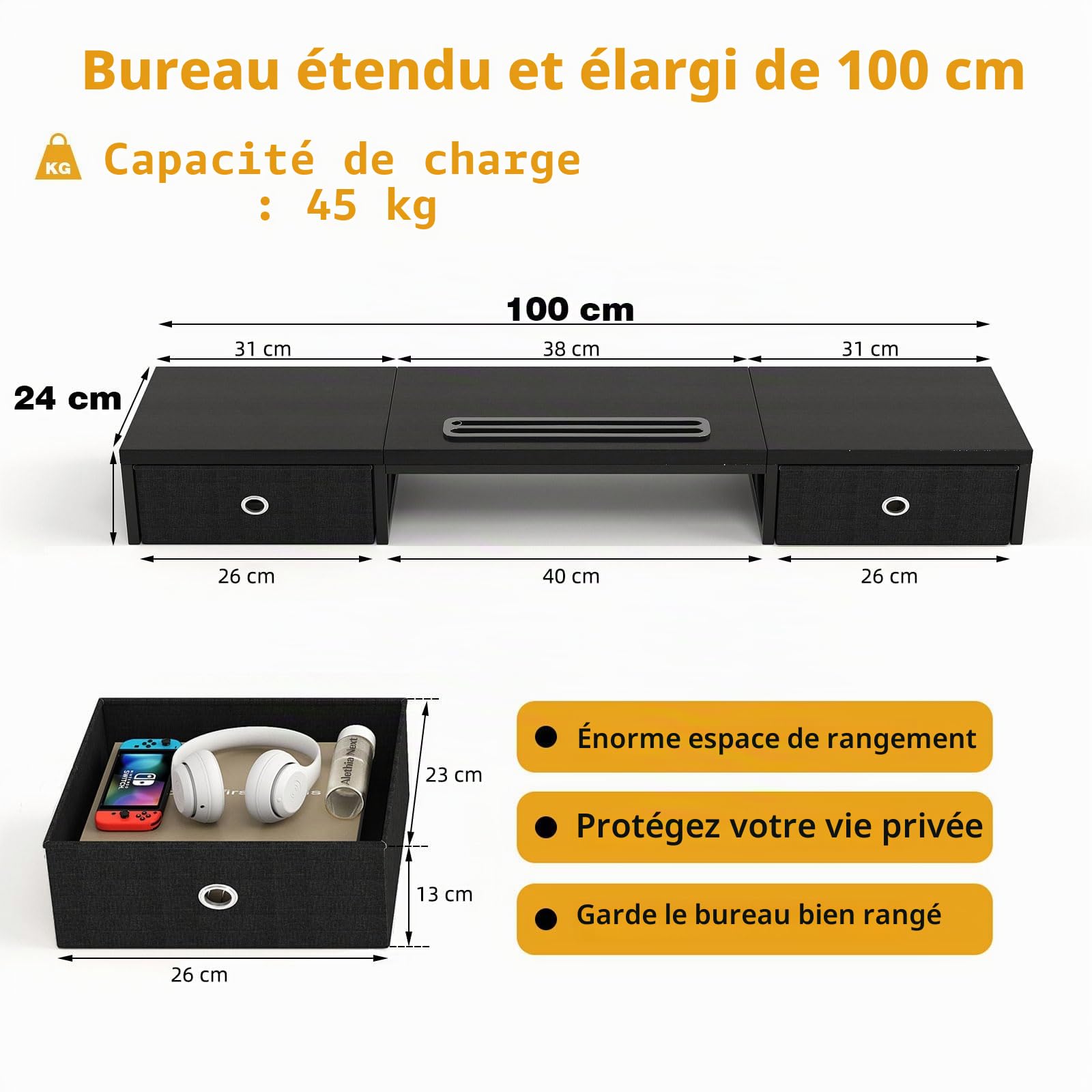 Double support pour moniteur avec 2 tiroirs – Support de ordinateur pour 2 moniteurs, organiseur de bureau en bois parfait pour bureau à domicile