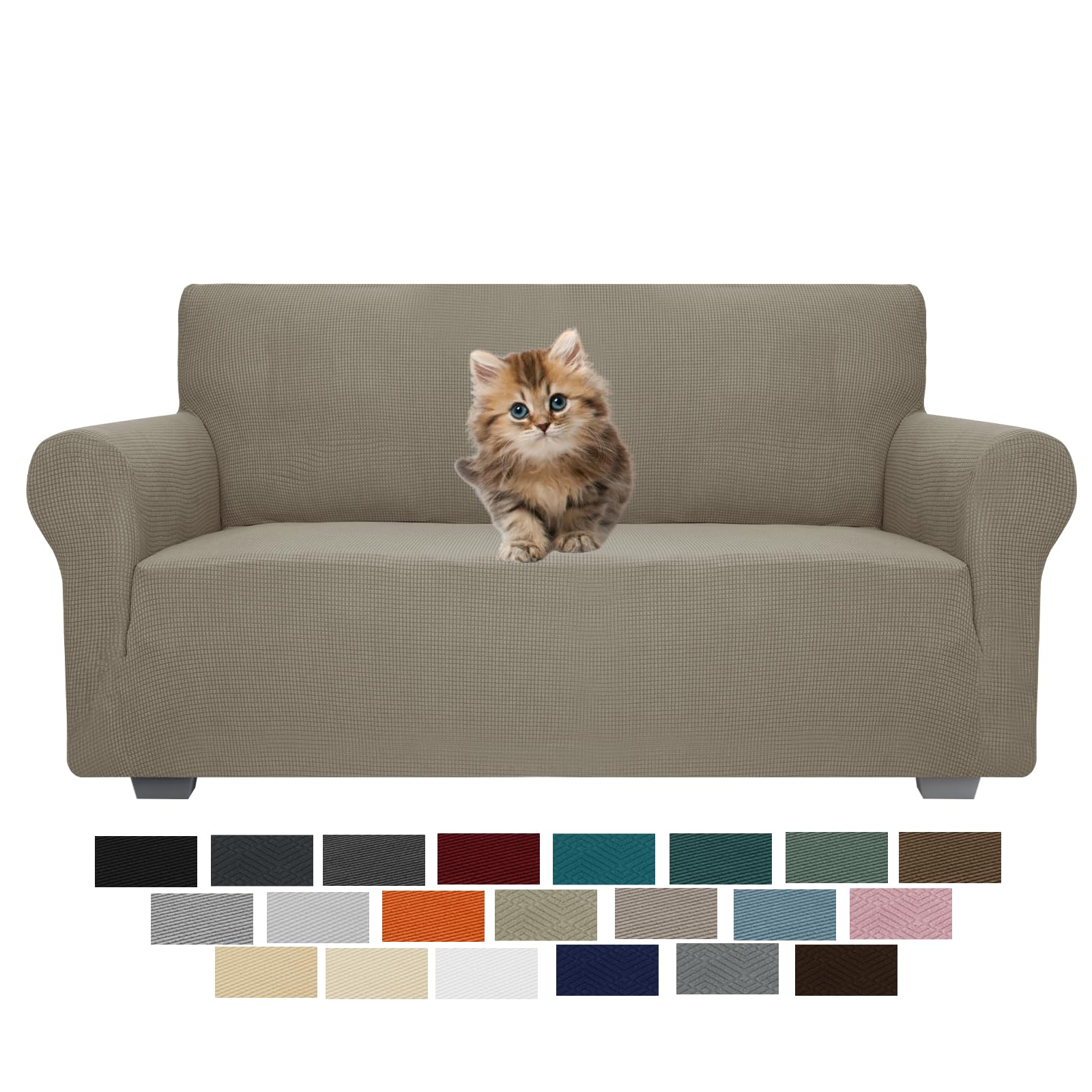 JIVINER High Stretch 1-Piece Jacquard Small Checks Couch Covers for 2 Cushion Couch Anti Slip Love Seat Sofa Covers Loveseat Slipcovers Protector for Kids Pets (Medium, Khaki)