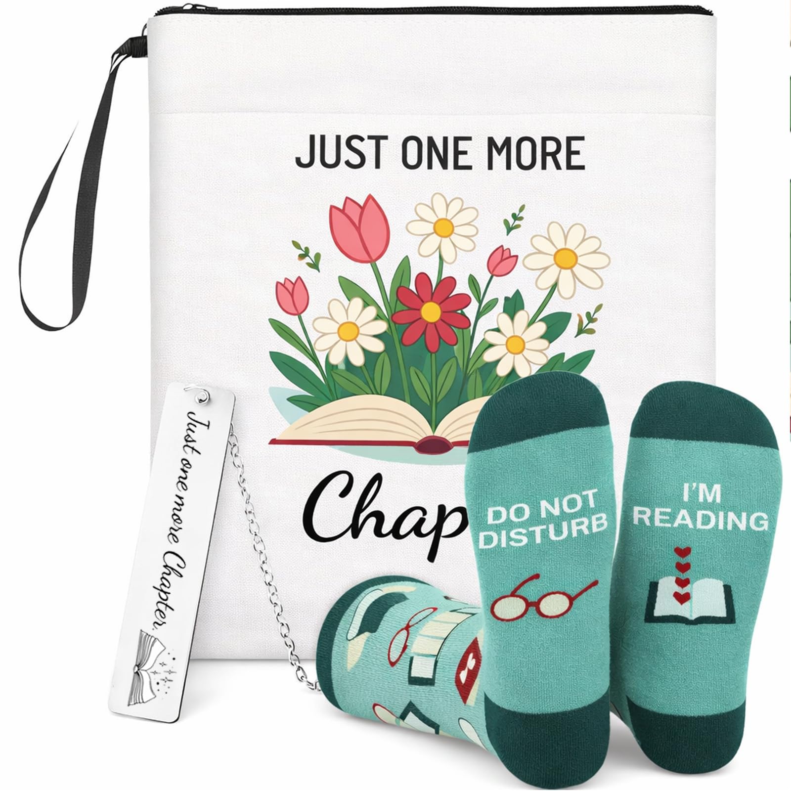RUHSNJK 3 Pcs Book Lover Gifts Set, Canvas Book Sleeve Bag, Novelty Socks, Metal Bookmark, Reading Accessories, Bookish Gifts for Women Mum Bibliophile, Literary Presents, Birthday Christmas