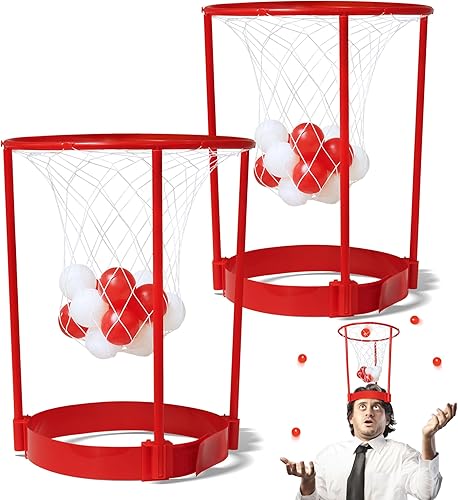 Novelty Place Head Basketball Hoop Juego de fiesta para niños y adultos, diadema de baloncesto ajustable con 20 bolas, rojo y blanco