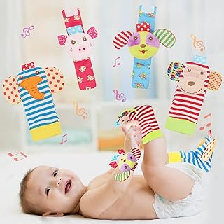 Soft Baby Rattle Toys Foot Finder Socks Wrists Rattles, Ankle Leg Hand Arm Bracelet Activity Rattle, Present Gift for Newborn Infant Babies Boy Girl Bebe 4pcs