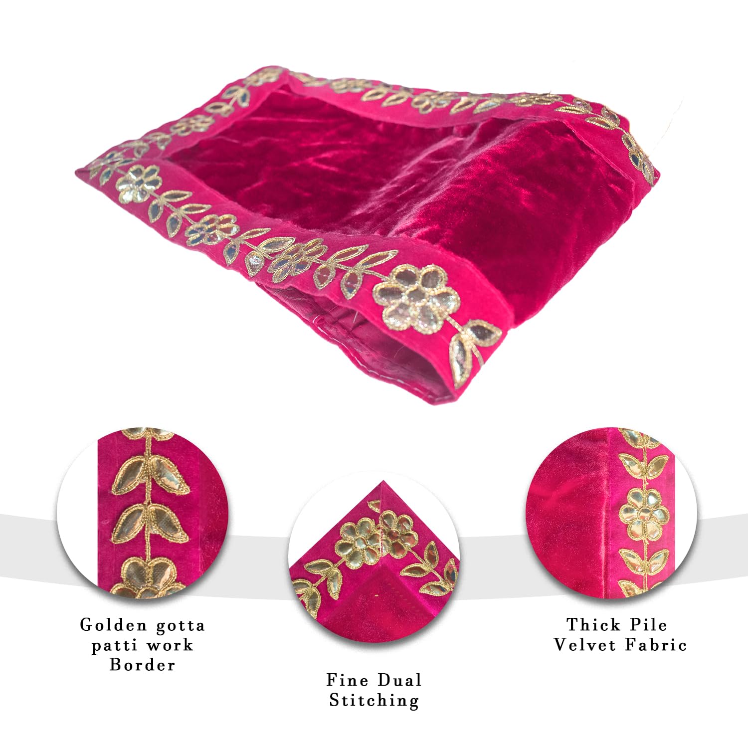 Dulhan Designer Pooja Cloth for Mandir |Pack of 2| Long Size Puja Aasan, 10x30 Inch, Pink Velvet Altar Cloth for Puja Table, Chowki, Puja Cloth for God Idol Sitting | Mandir Ka Kapda for Baithak Mat 3