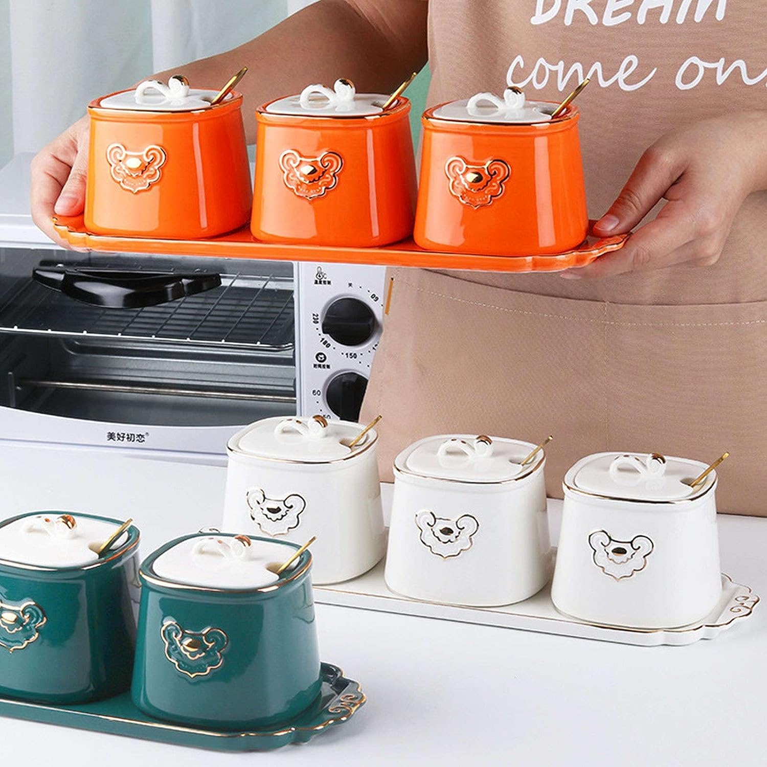 Pots à Épices Assaisonnement Box Set Coffret D'assaisonnement En Céramique Nordique, Avec Couvercle De Cuillère Et Plateau, Ensemble De Pots À Épices, Organisateur De Condiments, Cuisine Pots à Sel Se
