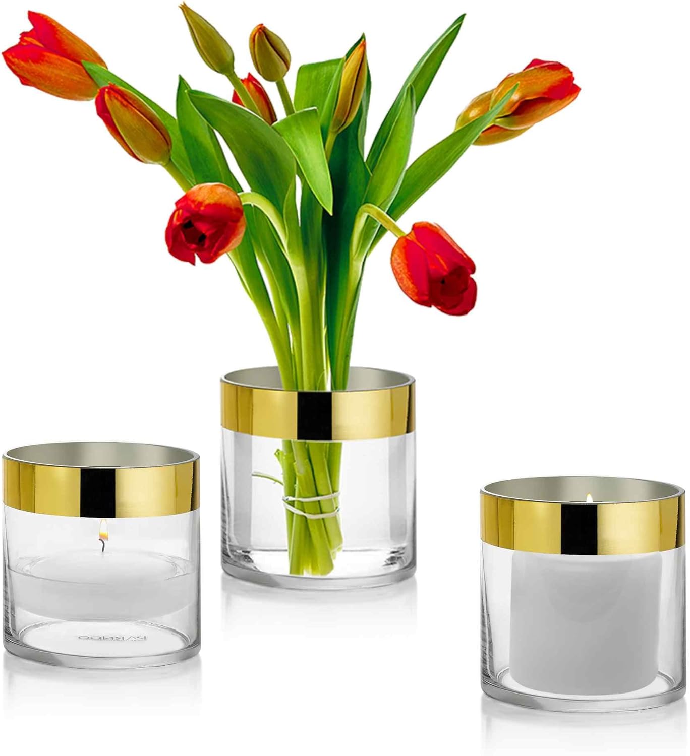Set of 3 Glass Cylinder Vases 4 Inch Tall with 1 Inch Gold