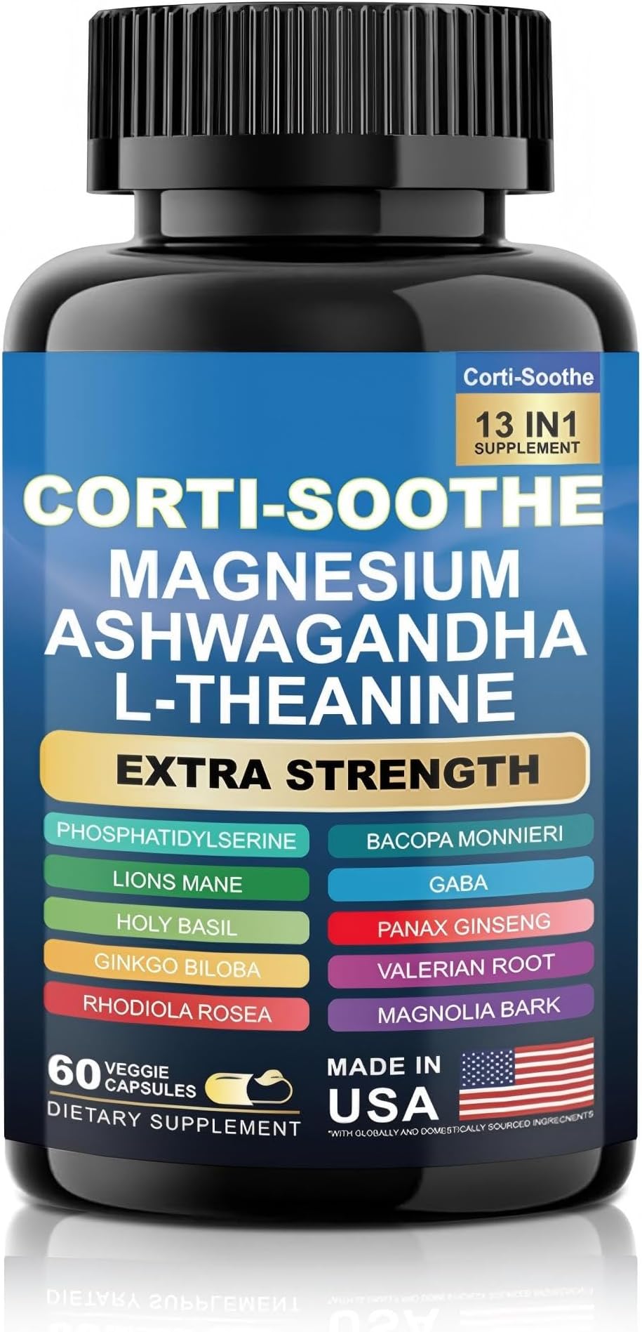 Corti-Soothe Extra Strength Formula, Mag-nesium, Ash-wagandha, L-Theanine — Advanced Stress Relief & Focused Relaxation, Non-GMO, 1 Pack-60 Count