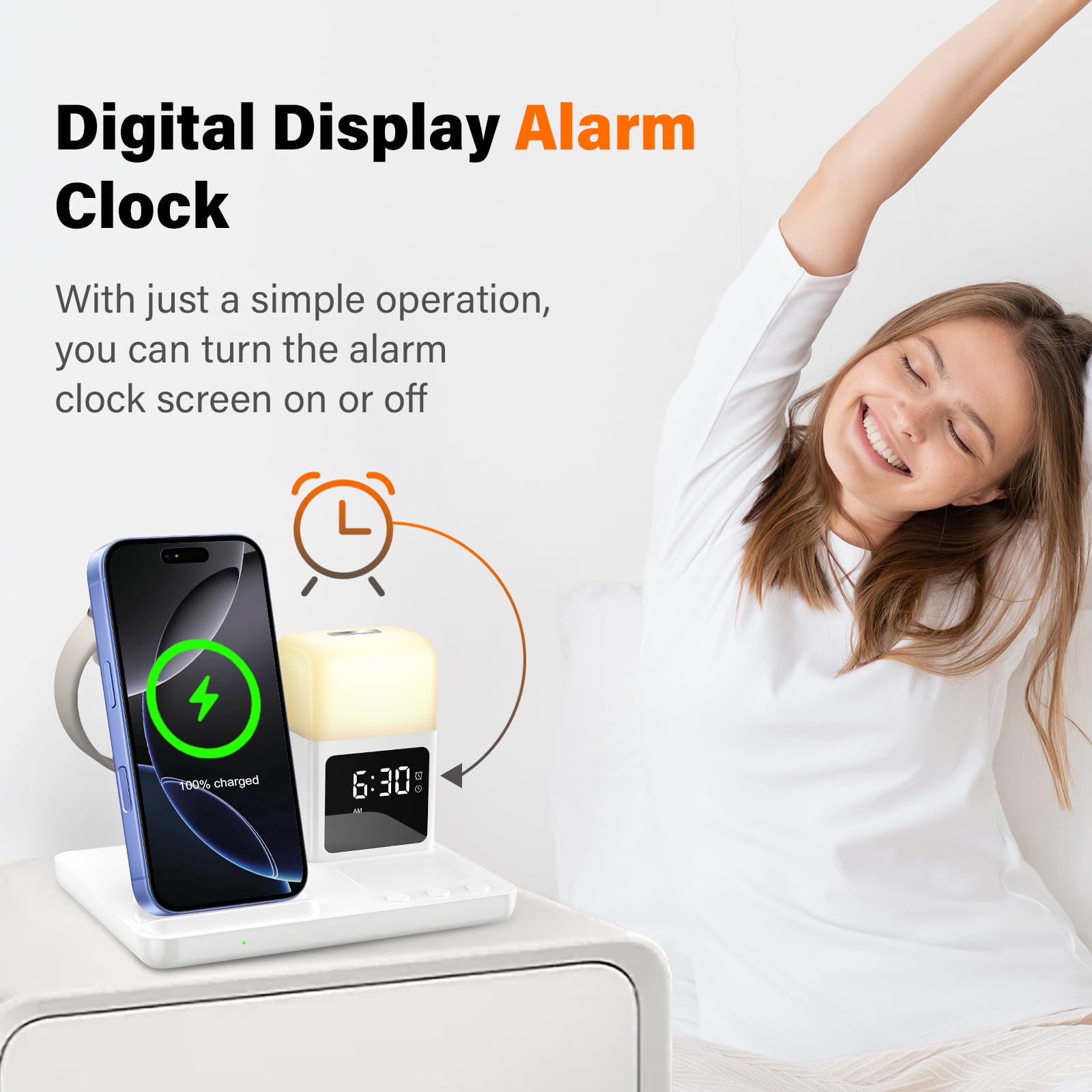 Caricatore Wireless Con lampada notturna e sveglia,6 In 1 Caricabatterie Wireless Induttiva Compatibile Con iPhone 16 15 14 13 12 11 XS/XR/X/8/8 Plus, Apple Watch, AirPods 4/3/2/Pro