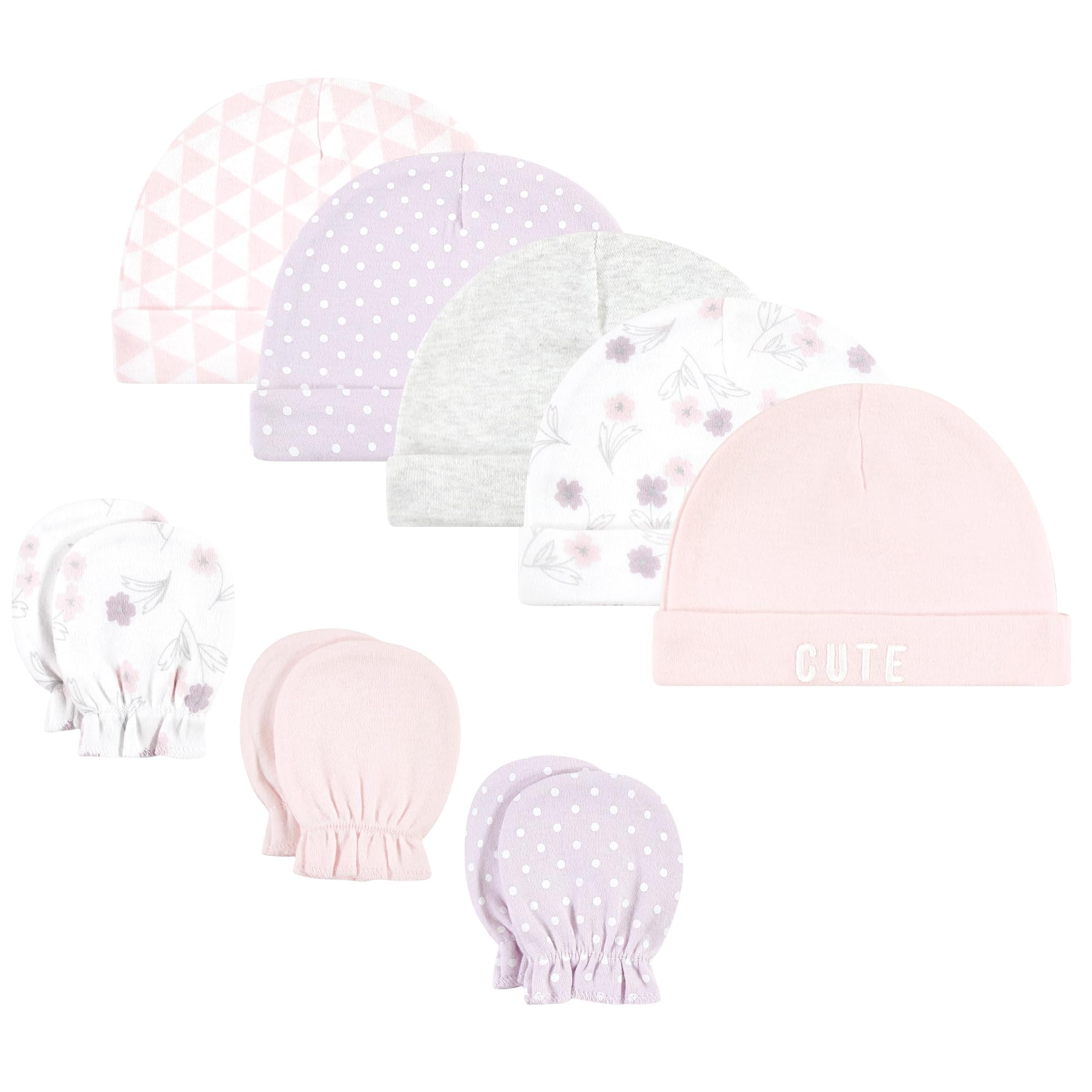 Hudson Baby Unisex Baby Cotton Cap and Scratch Mitten Set, Lavender Floral, 0-6 Months
