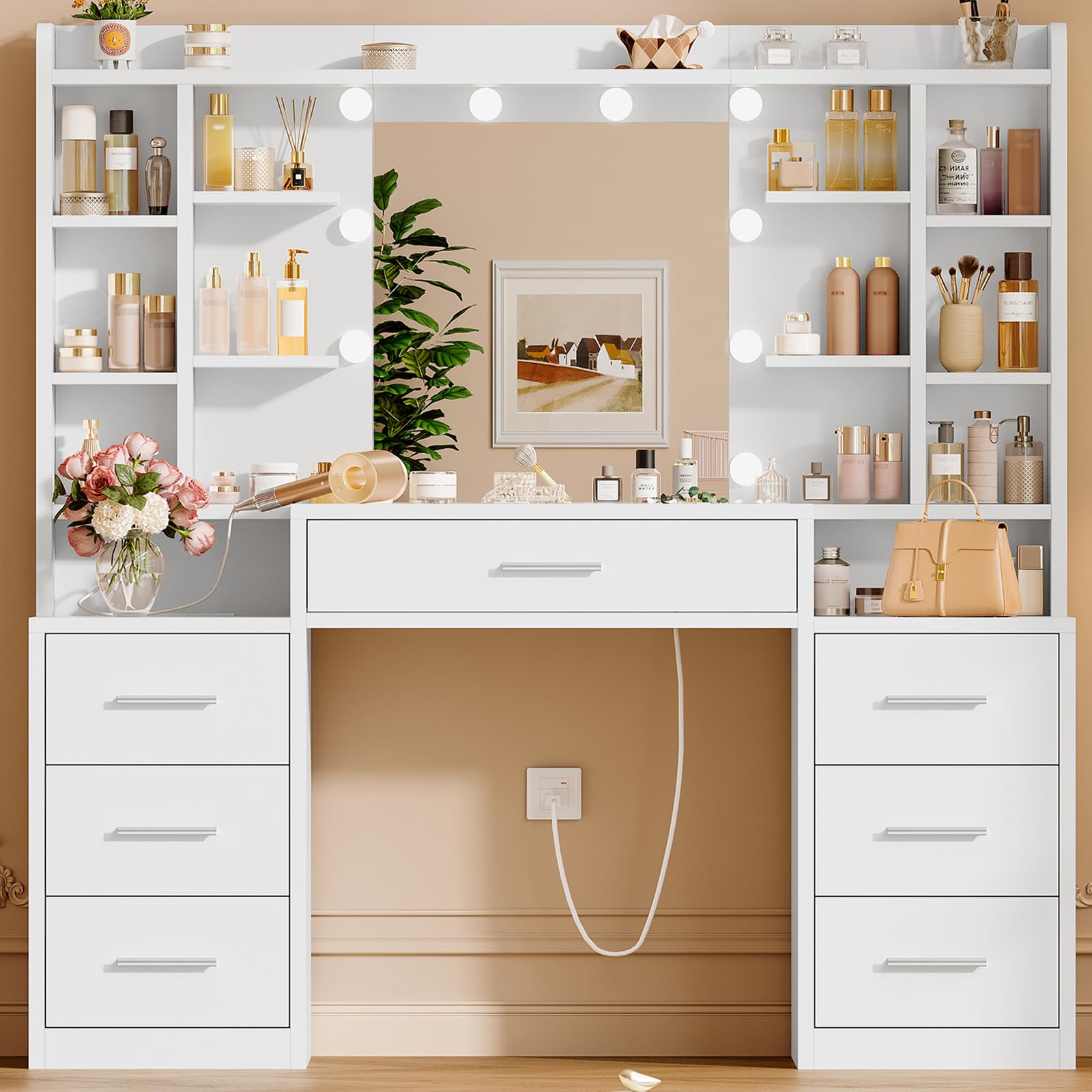 TEENFON Dressing Table with Mirror, 10 LED Lights, 3 Light Modes with 6 Brightness Levels, Vanity with 7 Drawers and 8 Storage Shelves, Vanity Table with Power Socket, White