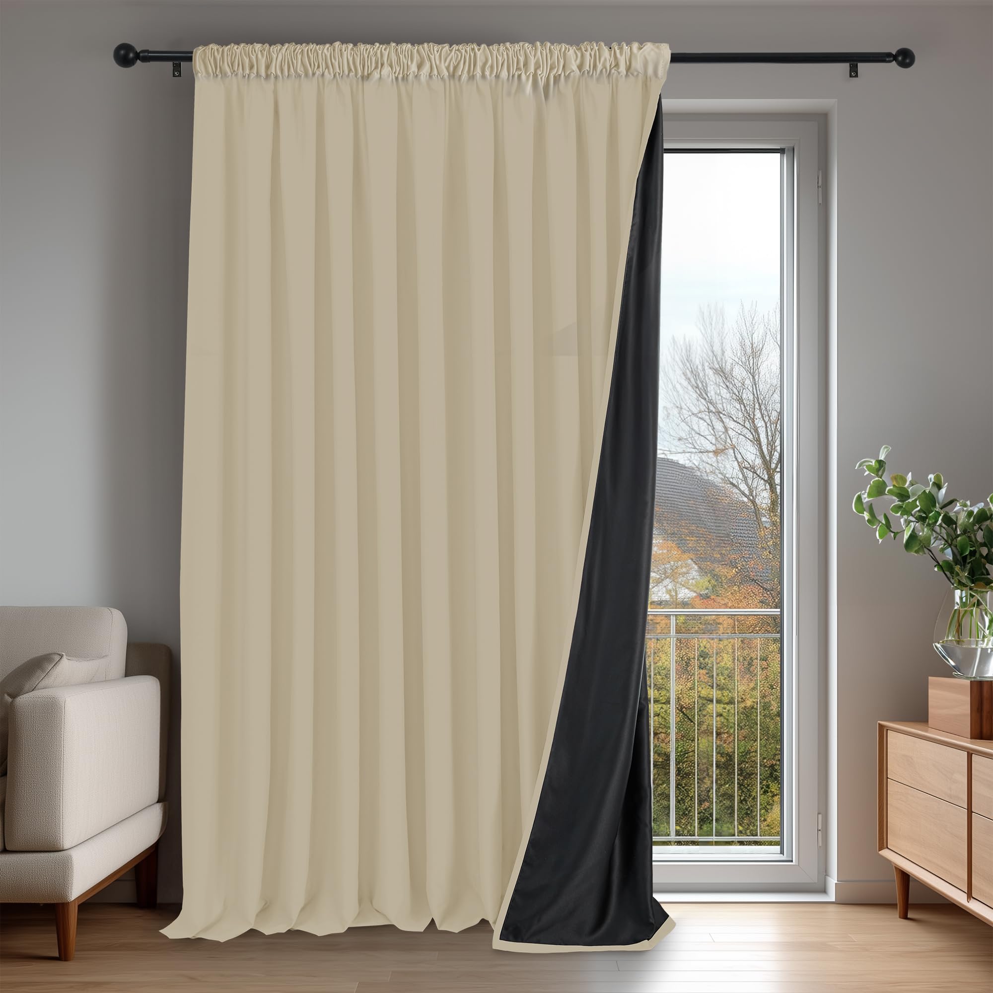Deconovo Tende per Interni Oscuranti 100% con Retro Nero Completo, Tende Termiche Isolanti con Fettuccia per Camera da Letto e Soggiorno Moderne, 1 Pannelli, 300x220 cm, Beige Chiaro