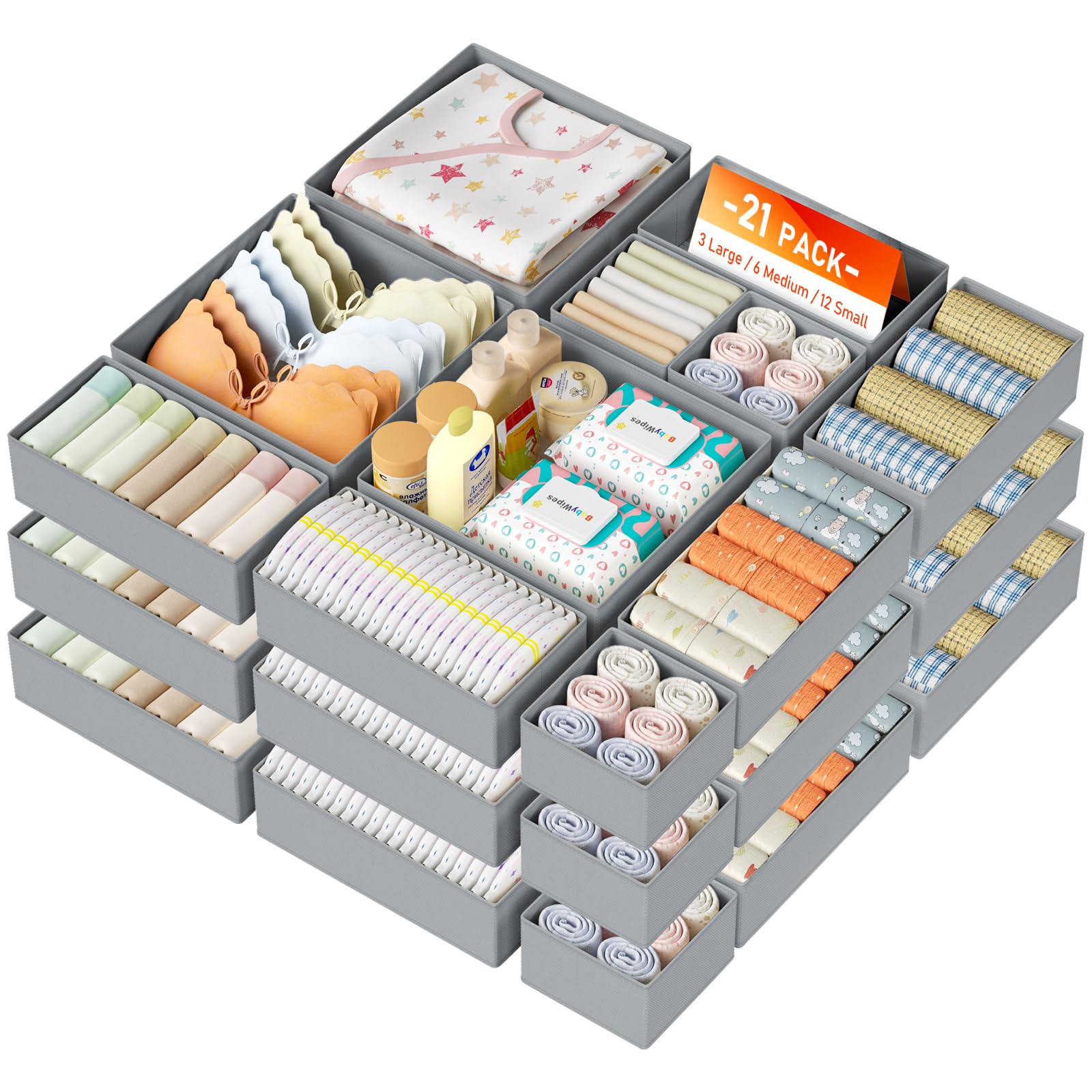 DIMJ 21-Pack Foldable Fabric Drawer Organisers for Clothes, Underwear, Socks - White Wardrobe Organiser Boxes for Bedroom, Closet, Nursery,Grey