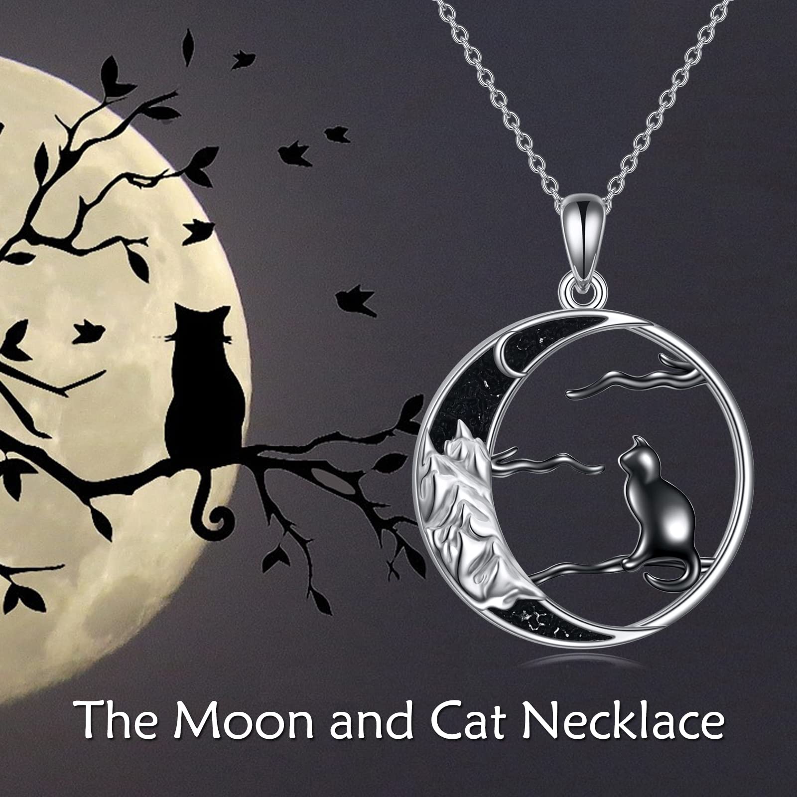 POPLYKE Schwarz Katze Kette für Frauen Sterling Silber Keltische Mond Katze Schmuck