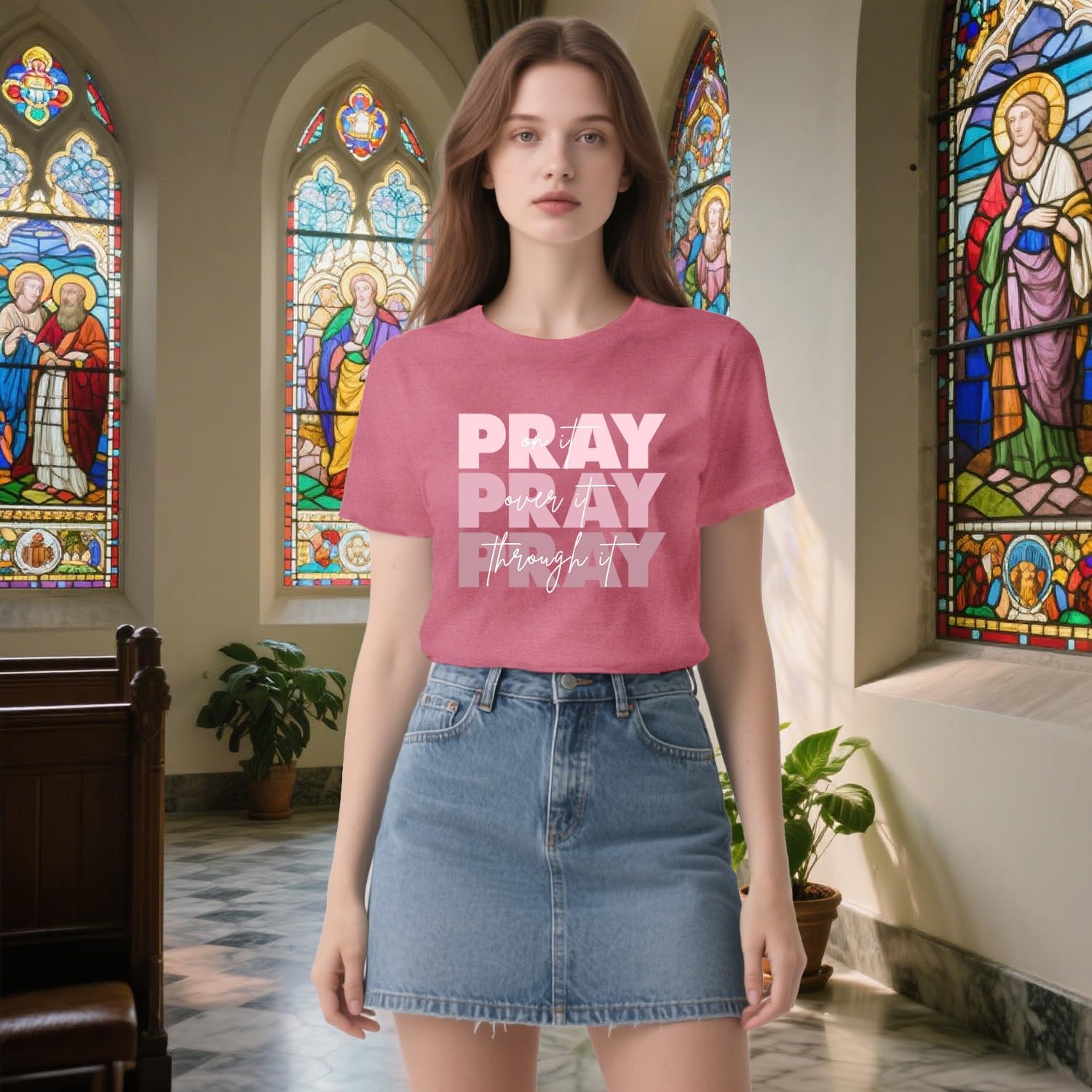 Christian Shirts for Women Religious T-Shirt Pray On It Pray Over It Pray Through It Tee Tops - Image 3