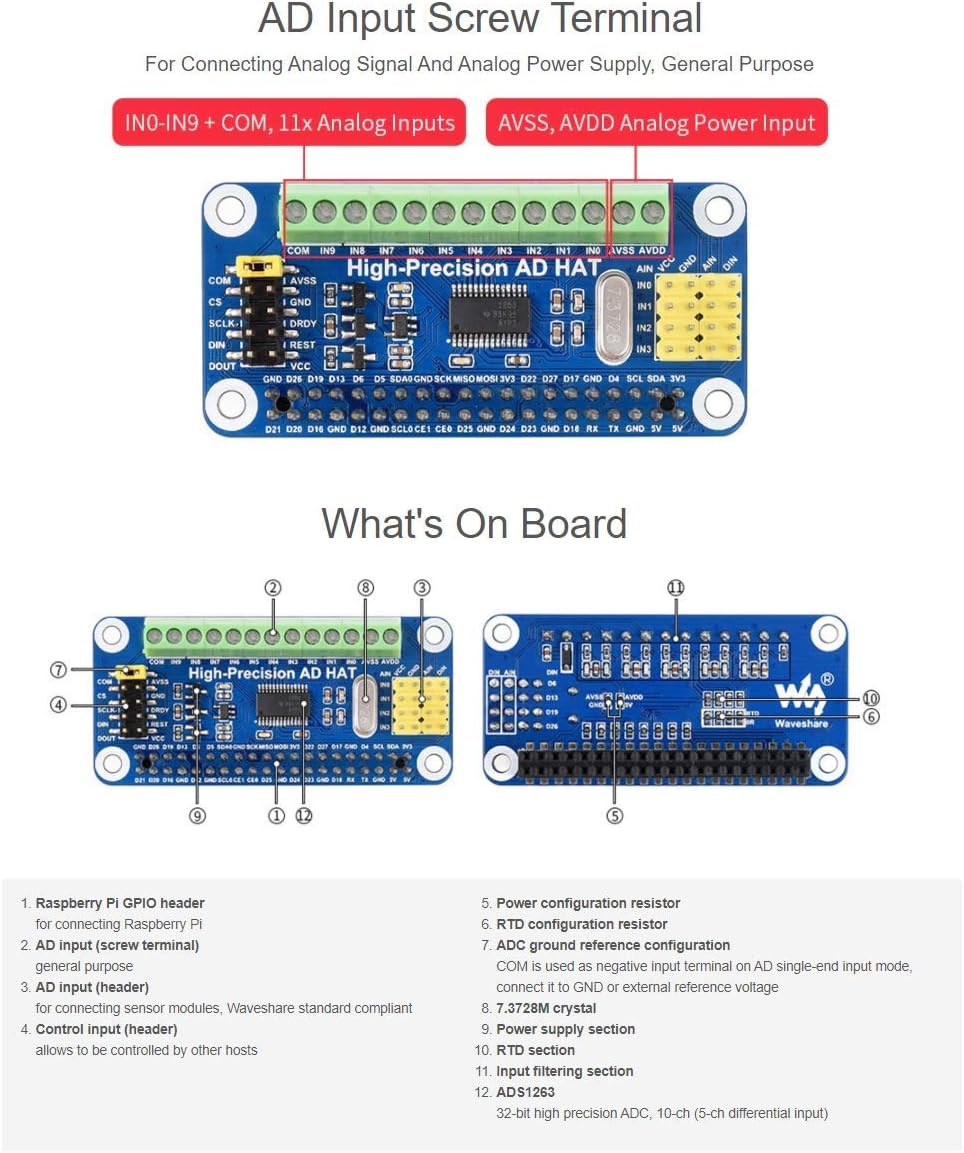 Waveshare High-Precision AD HAT for Raspberry Pi, ADS1263 10-Ch 32-bit ADC, GPIO Connectivity